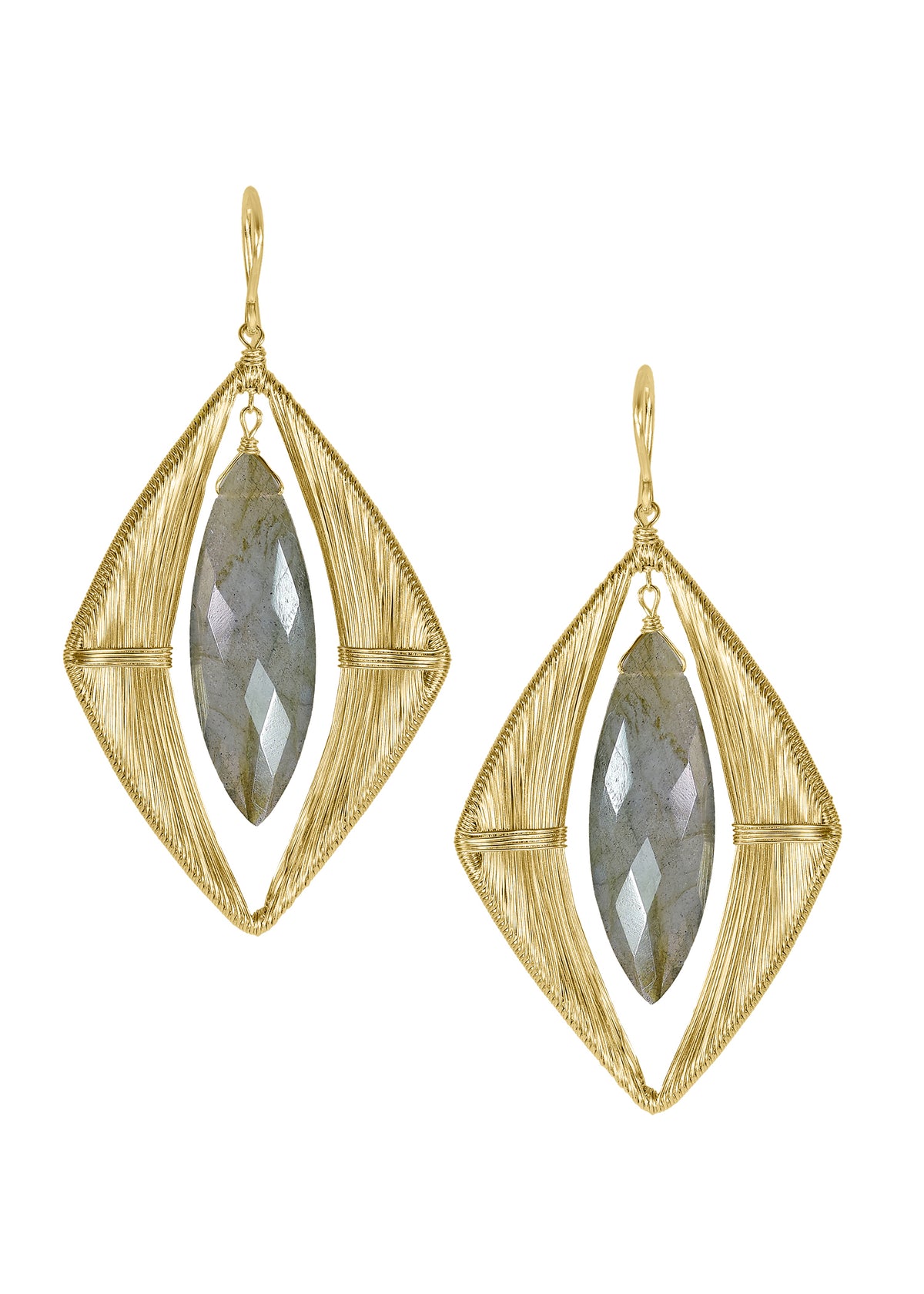 Labradorite earrings in 14k gold fill with hand wire-wrapped marquis-shaped frames and briolette stones.