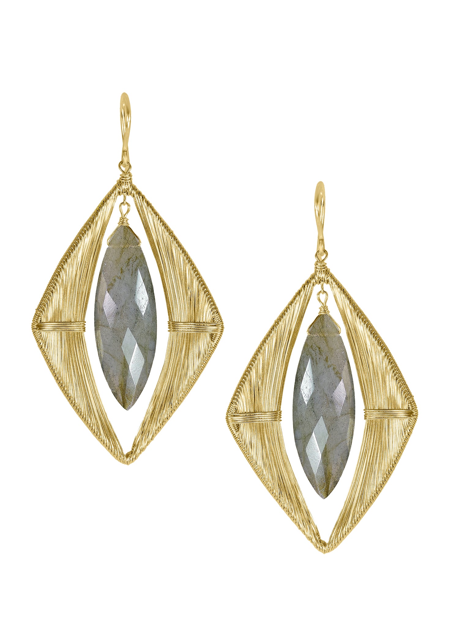 Labradorite earrings in 14k gold fill with hand wire-wrapped marquis-shaped frames and briolette stones.