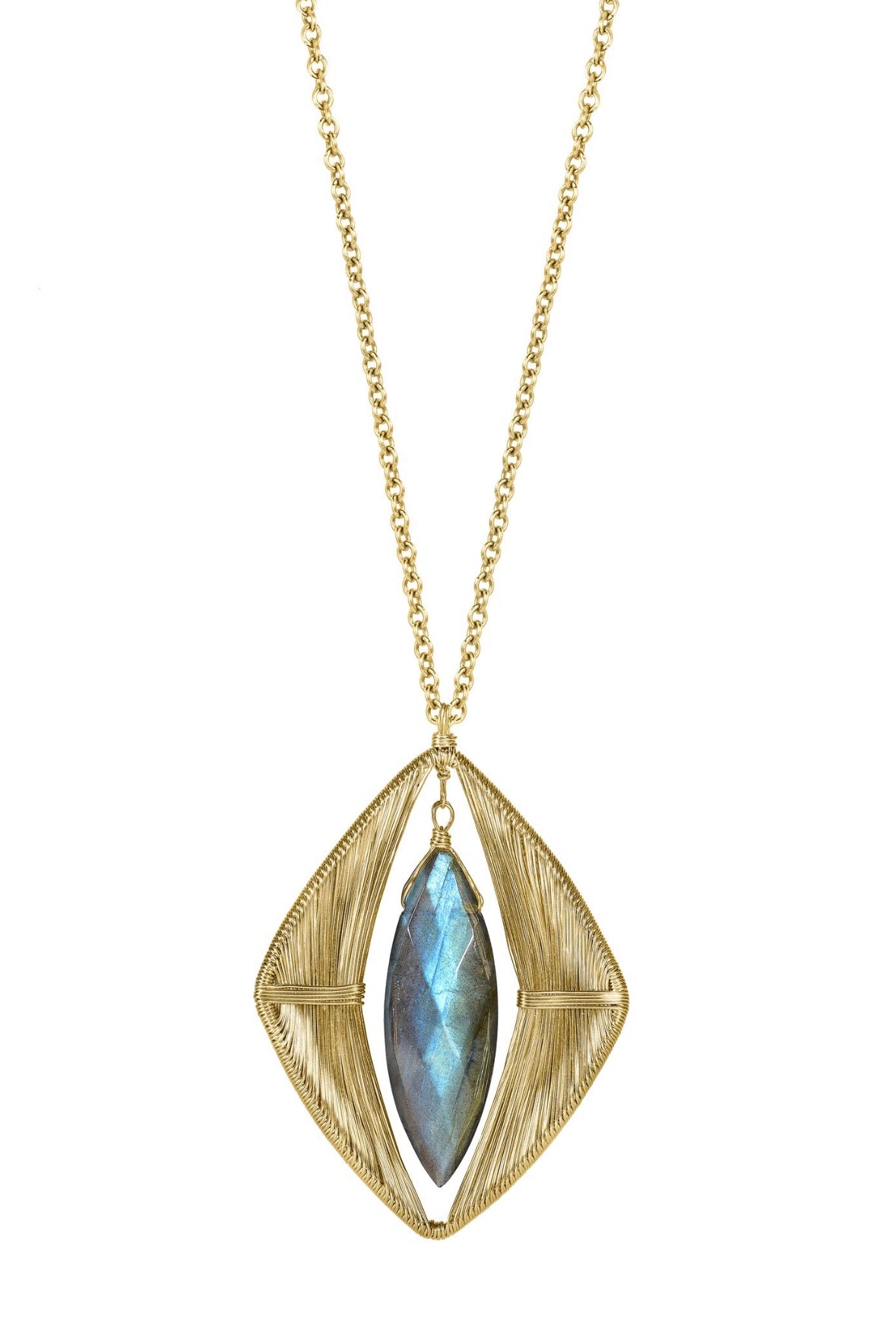 Labradorite necklace in 14k gold fill with a marquis stone inside a hand wire-wrapped frame on a 17-inch chain.