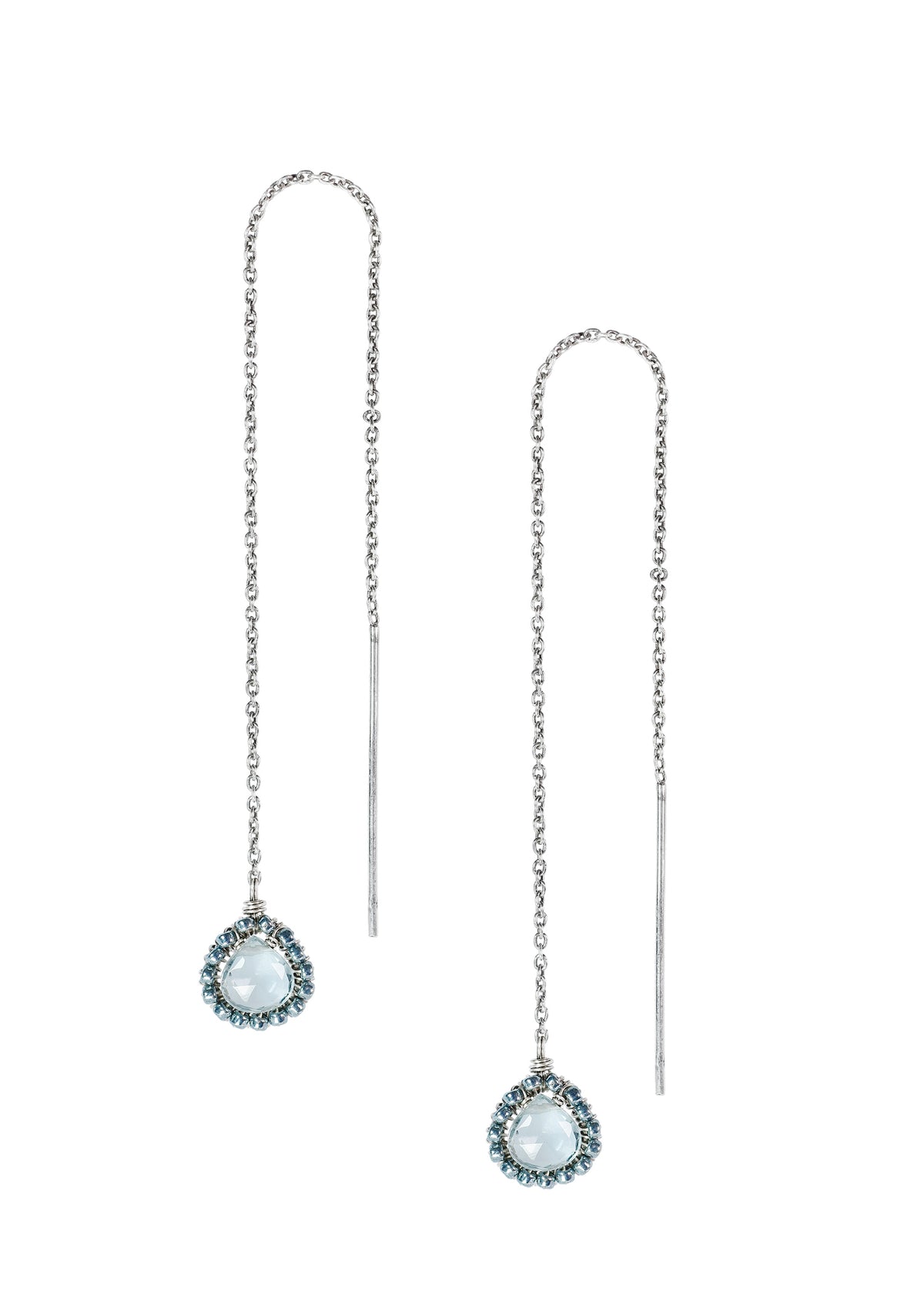 Aqua quartz threader earrings in sterling silver with pale blue seed bead accents and hand wire-wrapped drops.