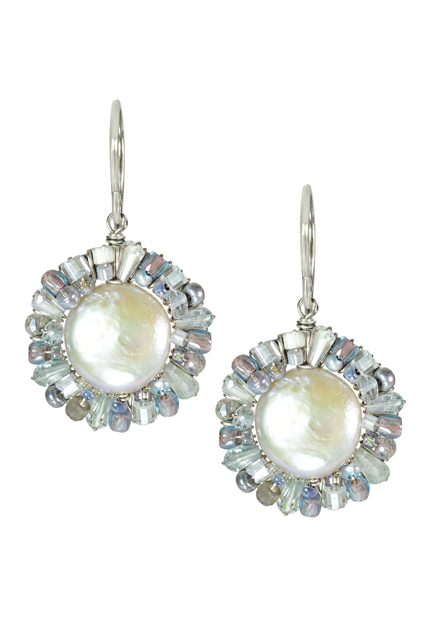Freshwater pearl earrings with aquamarine, labradorite, and seed beads on sterling silver, hand wire-wrapped in a circle.