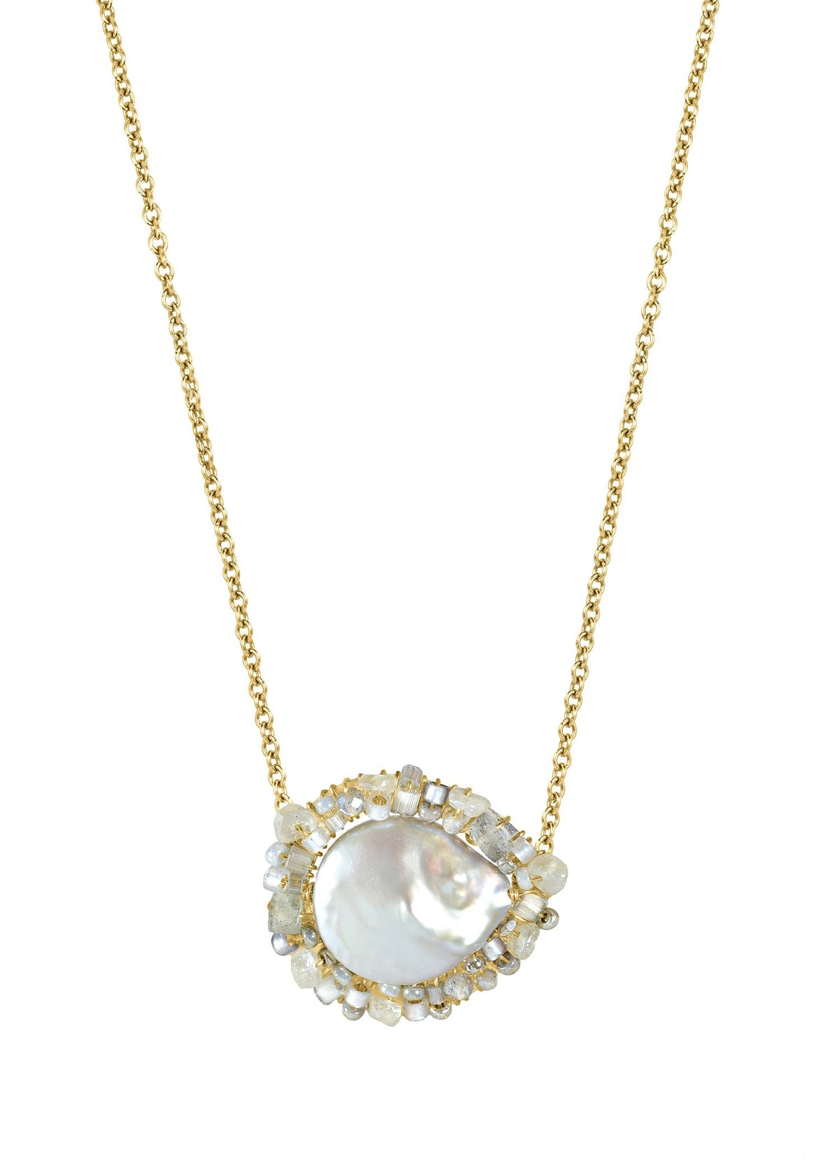 Silver Moon necklace with freshwater pearl, zircon, labradorite, and moonstone beads on a 14k gold fill chain.