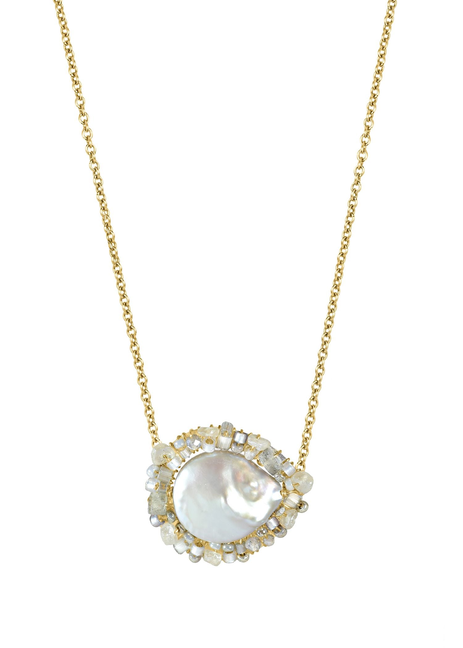 Silver Moon necklace with freshwater pearl, zircon, labradorite, and moonstone beads on a 14k gold fill chain.