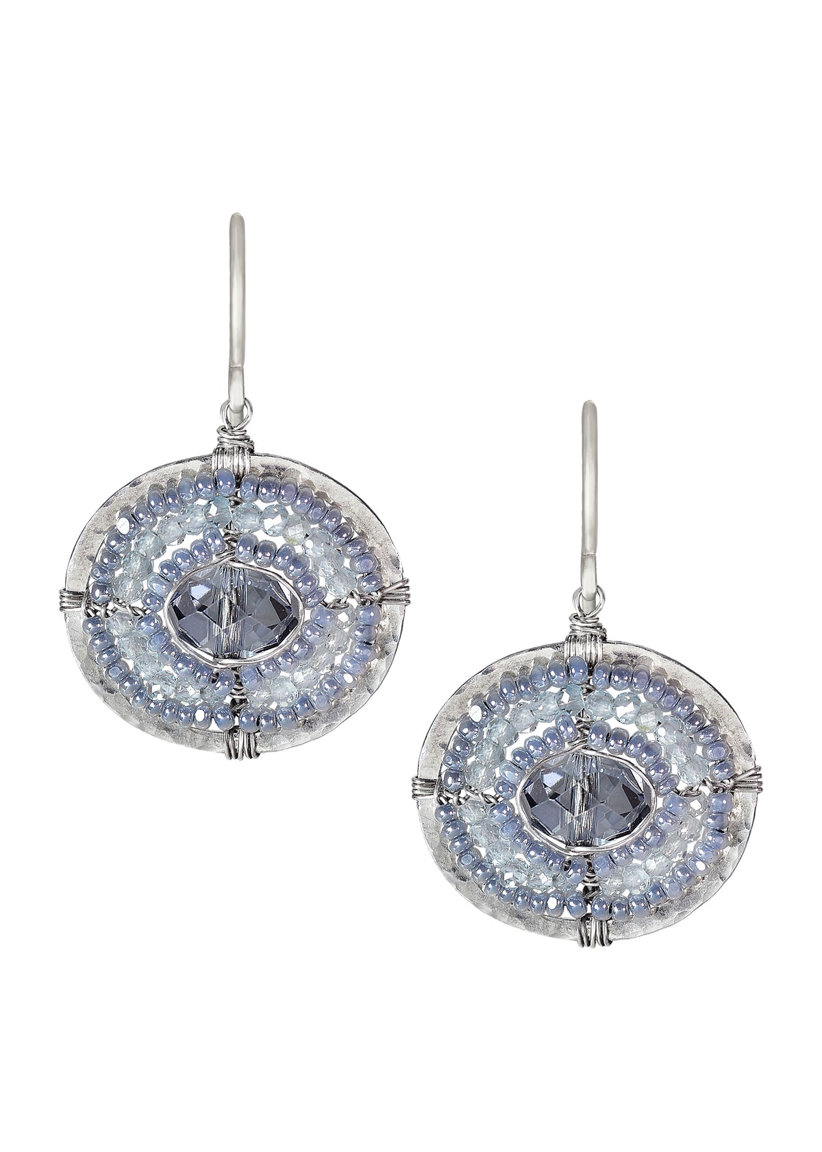 Crystal earrings with sterling silver, featuring rows of blue seed beads surrounding a center crystal in an orbital shape.