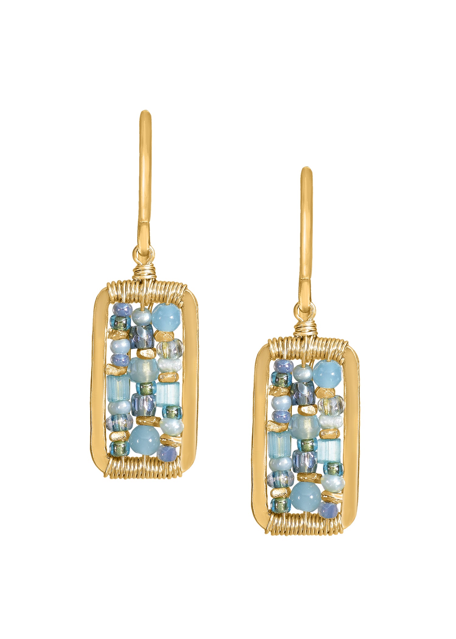 Abacus earrings with apatite, pearl, and seed beads, hand wire-wrapped in 14k gold fill rectangular frames.