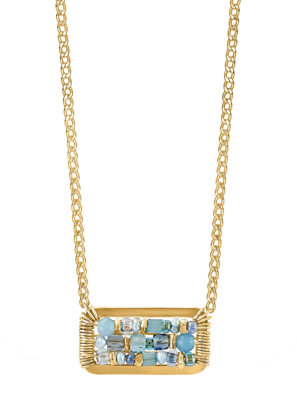 Abacus necklace with apatite and pearl beads, hand wire-wrapped in 14k gold fill on a rectangular frame and curb chain.