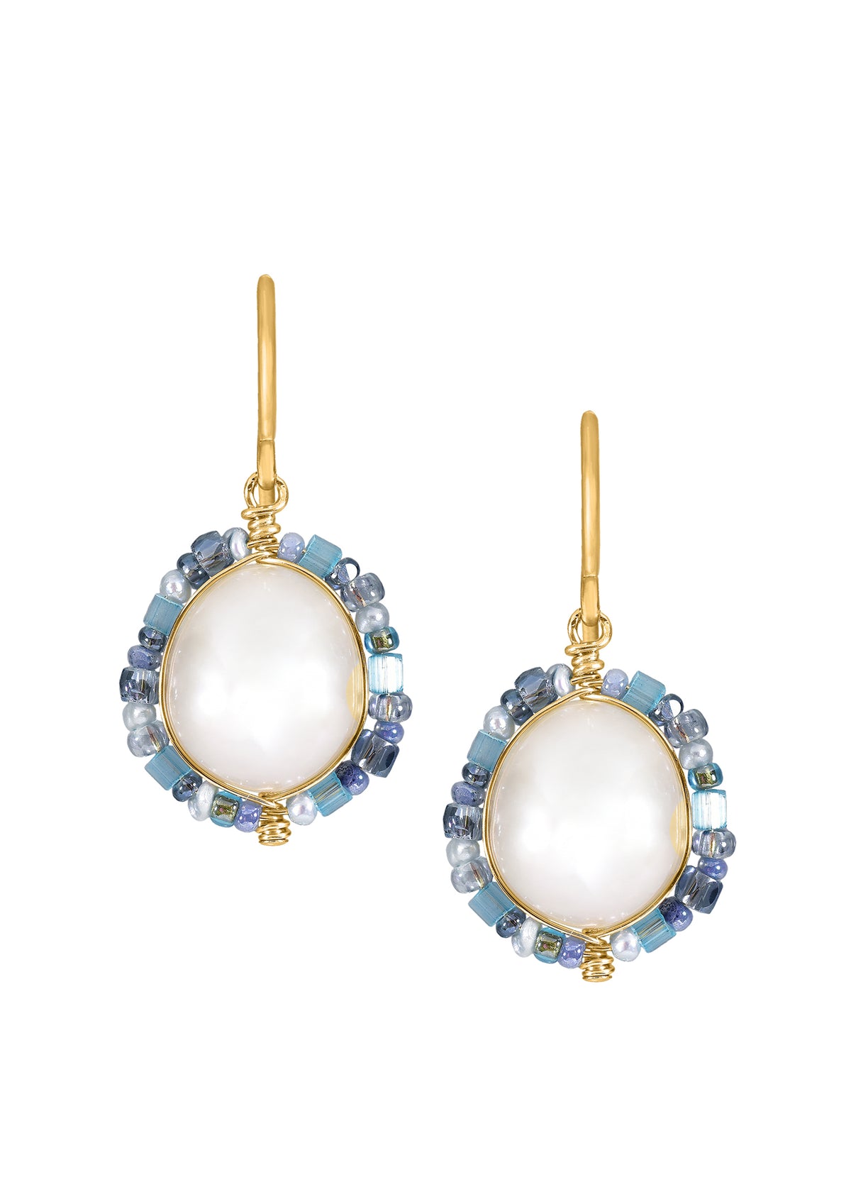 Freshwater pearl drop earrings with hand wire-wrapped 14k gold fill, framed by blue and silver seed beads.