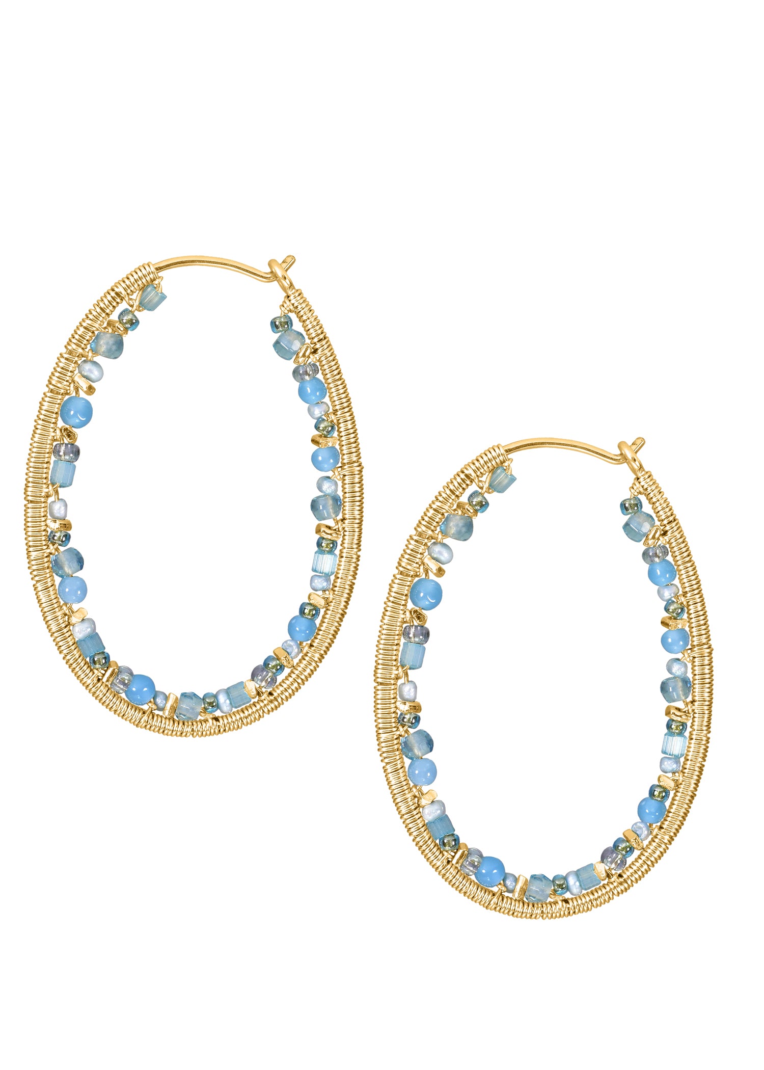 Apatite and pearl seed bead hoop earrings in 14k gold fill with hand wire-wrapped pale blue clusters on oval frames.