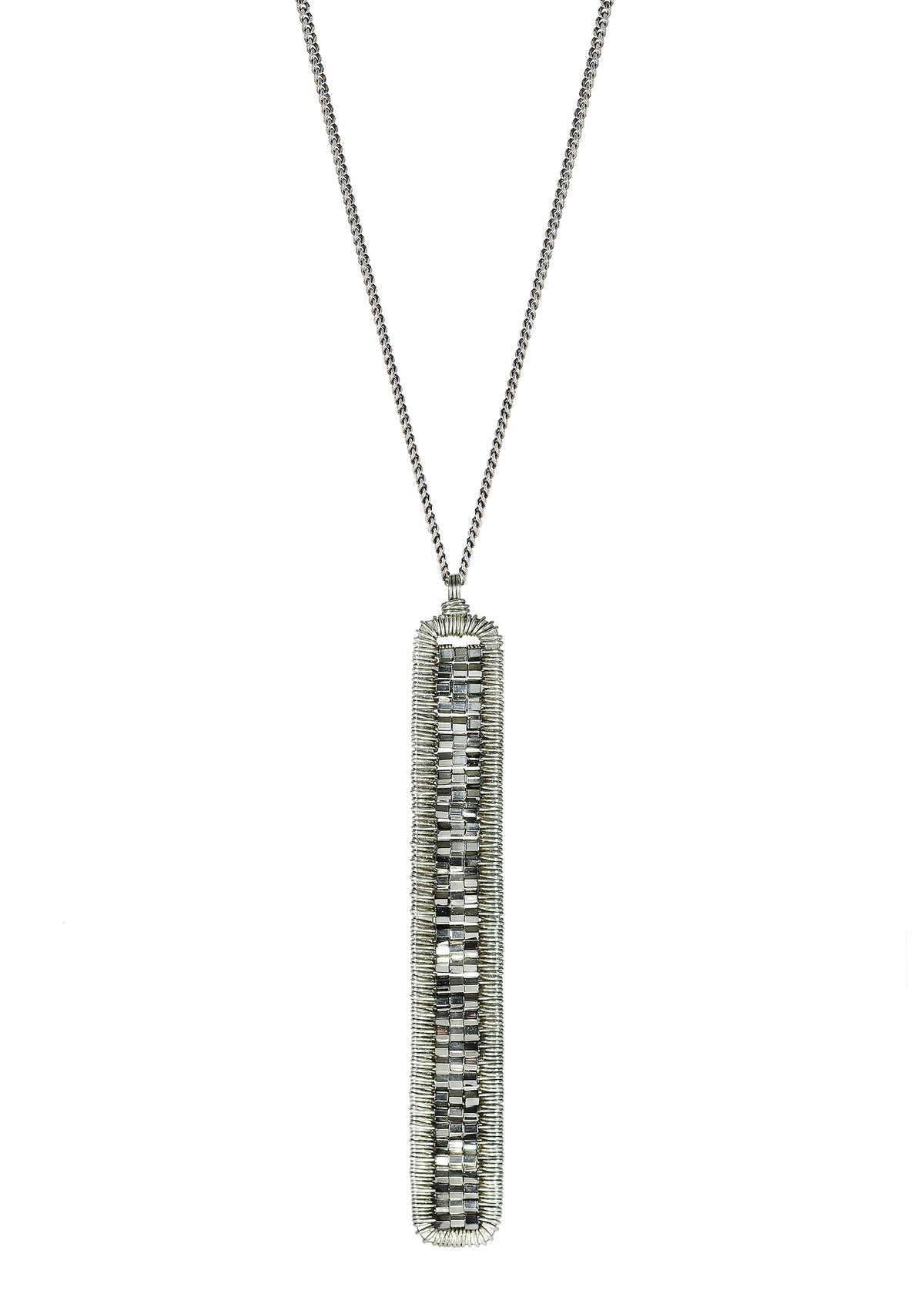 Bar necklace in sterling silver with hand wire-wrapped gunmetal seed beads on a 29-3/4 inch chain.