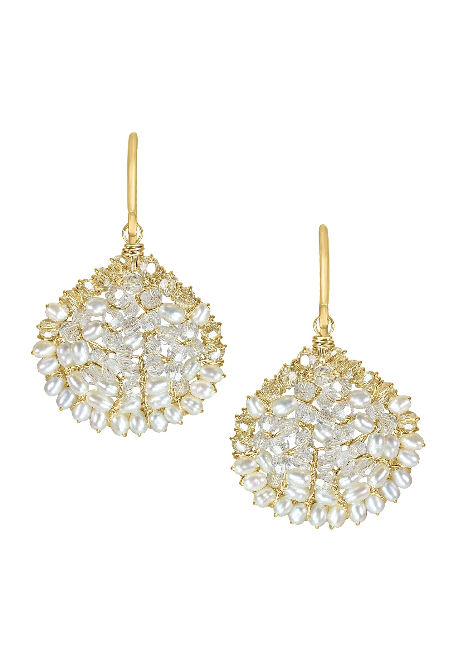Drop earrings with crystal and freshwater pearl mosaic, hand wire-wrapped in 14k gold fill on circular frames.
