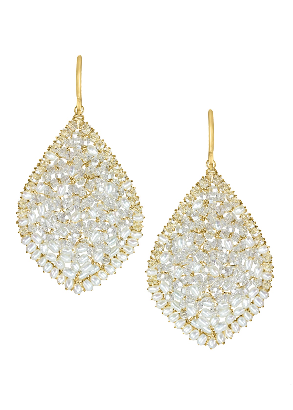 Crystal and freshwater pearl earrings in 14k gold fill with a hand wire-wrapped teardrop mosaic design.