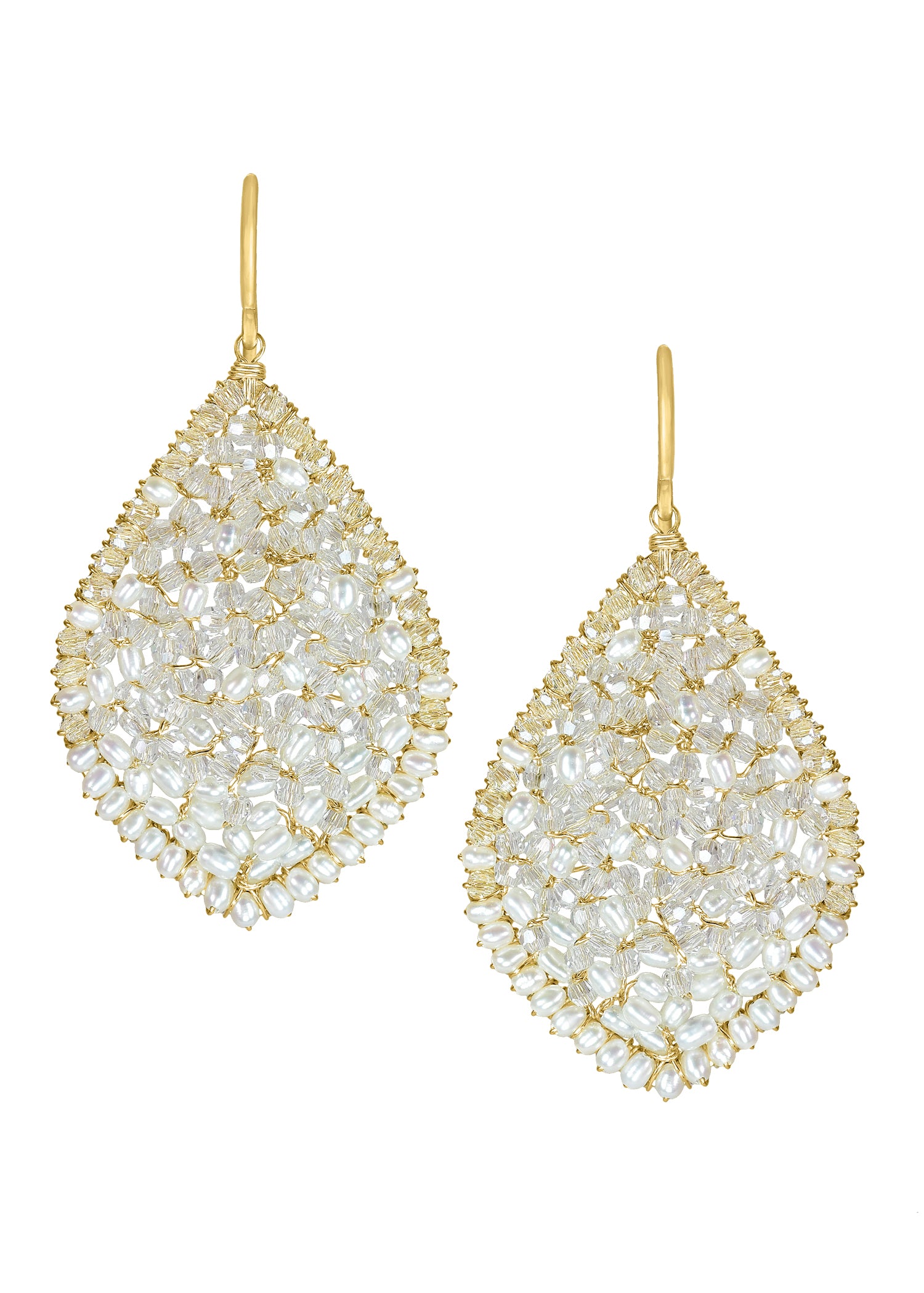 Crystal and freshwater pearl earrings in 14k gold fill with a hand wire-wrapped teardrop mosaic design.