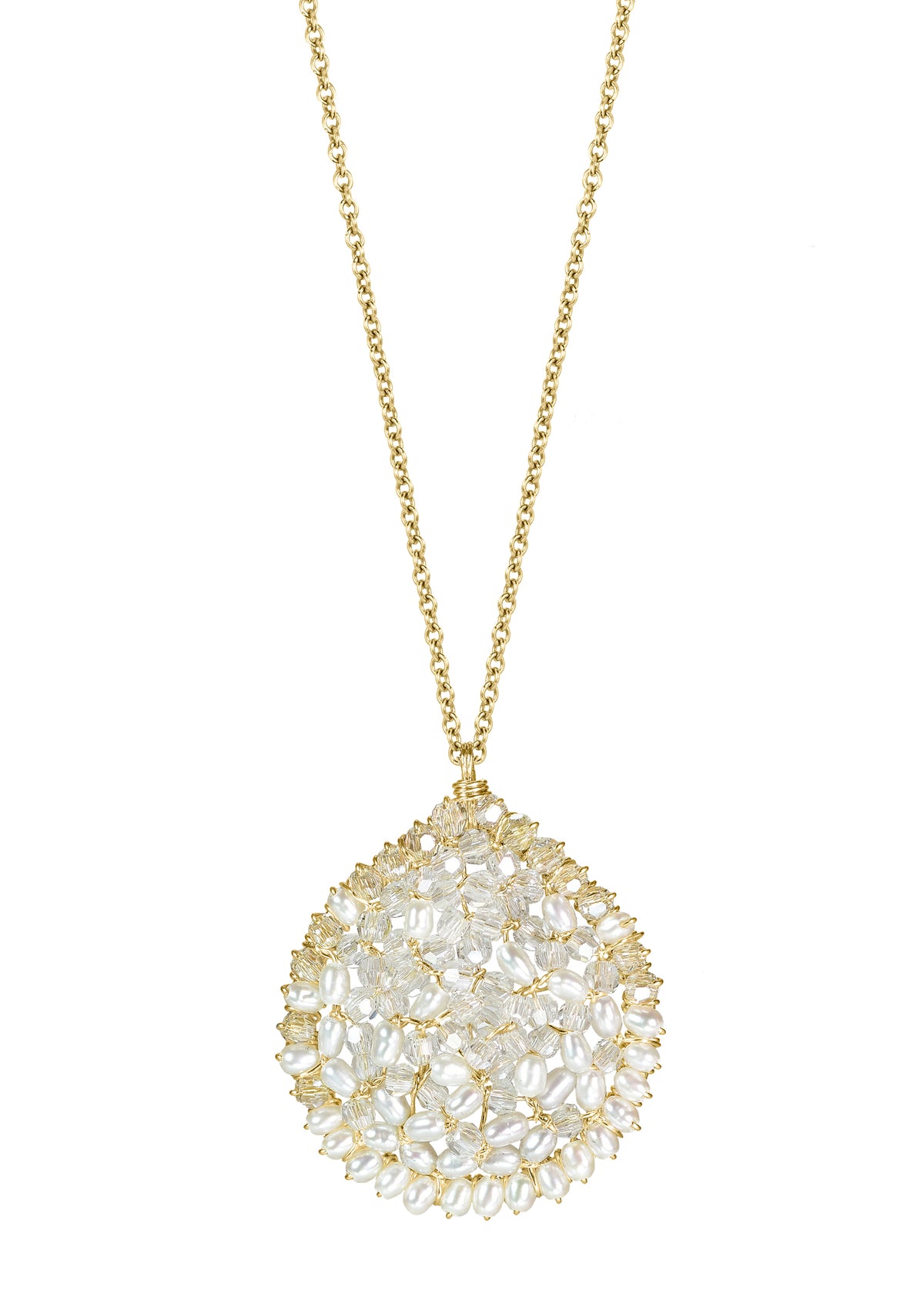 Crystal and freshwater pearl necklace on a 14k gold fill chain with a hand wire-wrapped round mosaic pendant.
