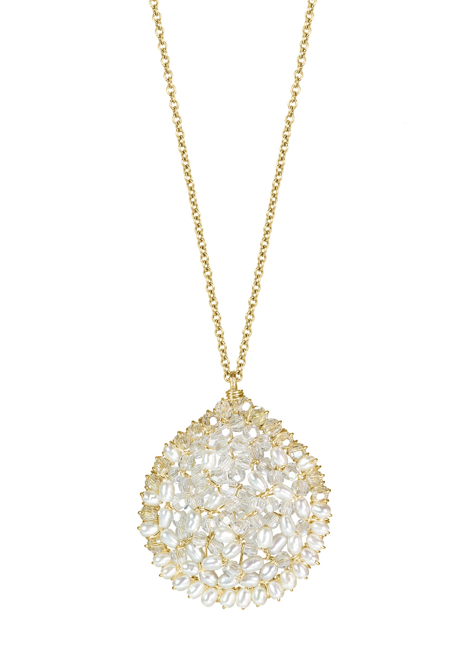 Crystal and freshwater pearl necklace on a 14k gold fill chain with a hand wire-wrapped round mosaic pendant.