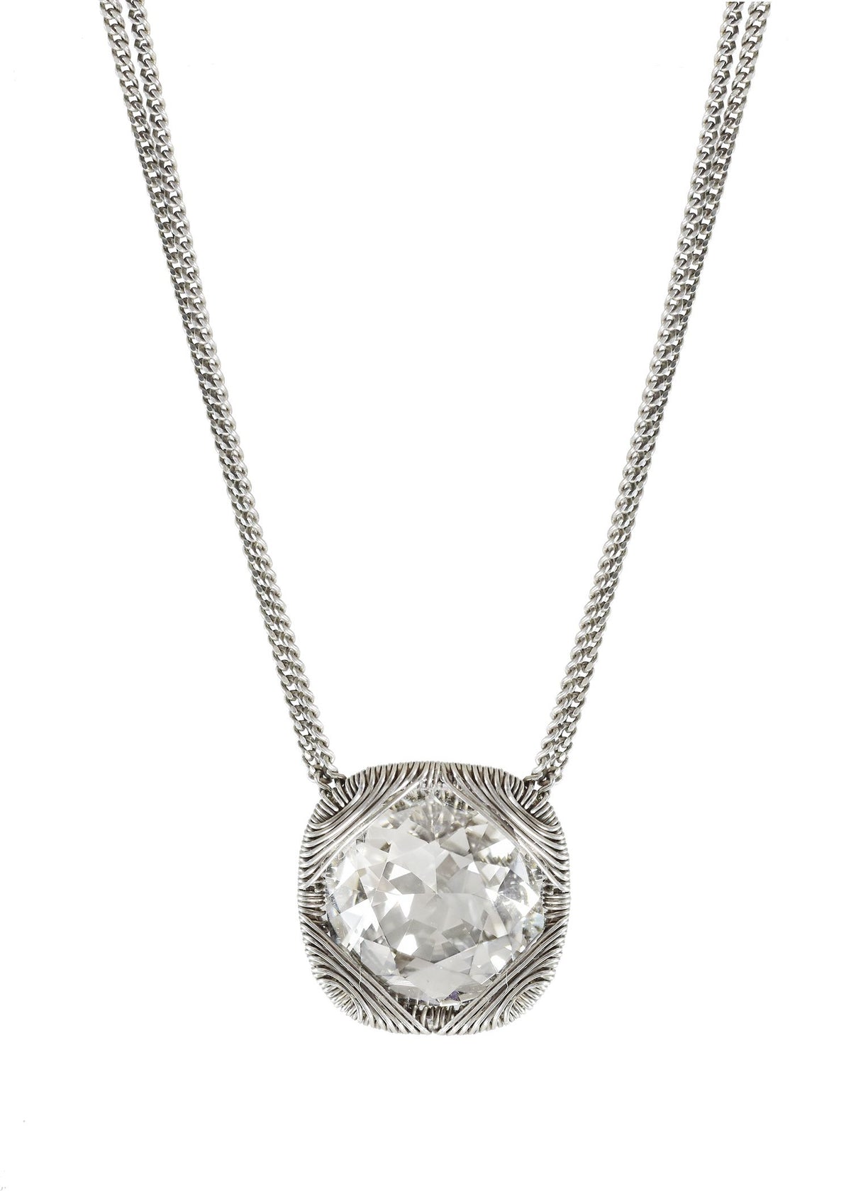 Solitaire crystal necklace in sterling silver with a hand wire-wrapped cocoon setting on a double strand curb chain.