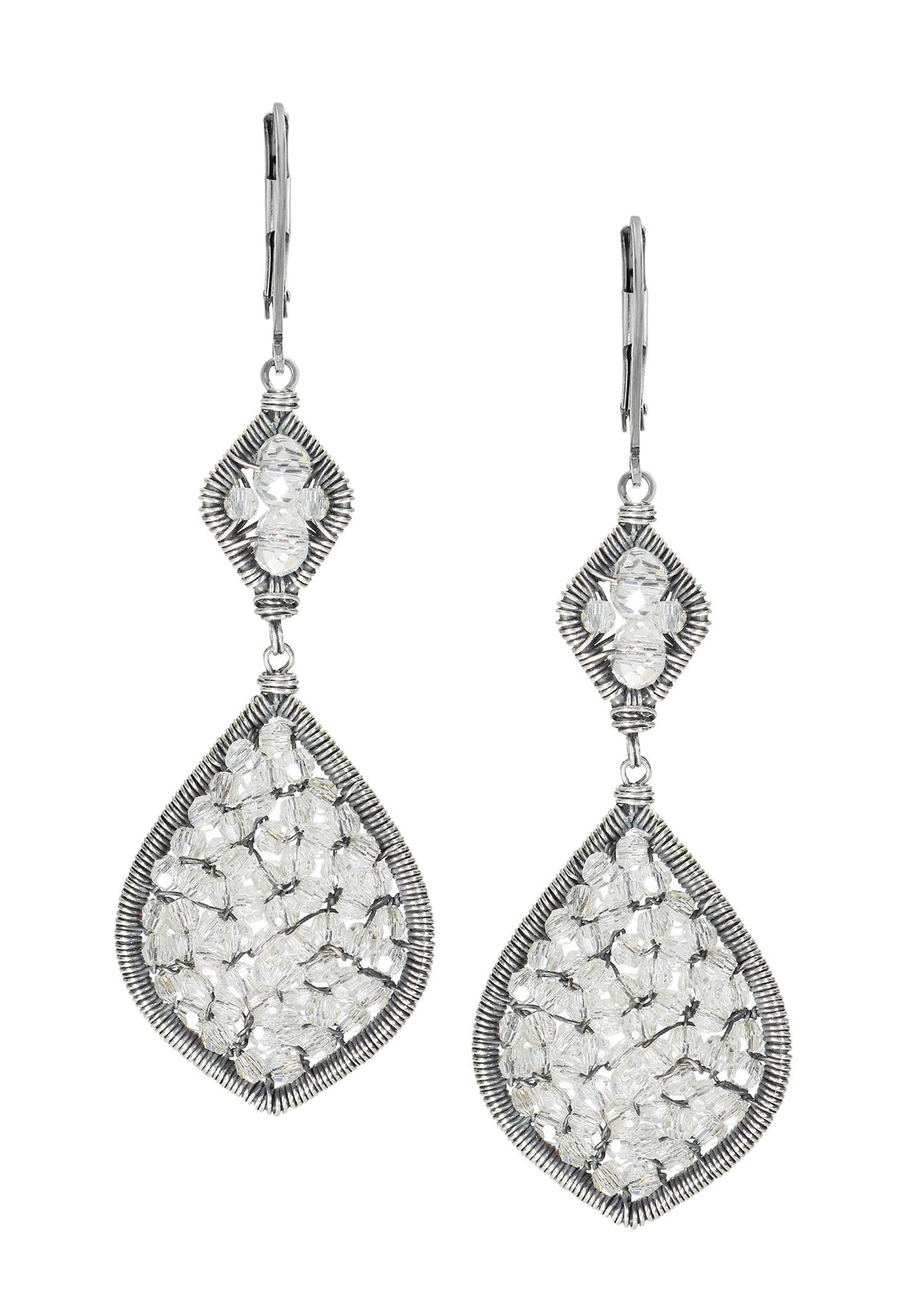 Crystal double drop earrings in sterling silver with hand wire-wrapped frames and clear crystal mosaic detailing.