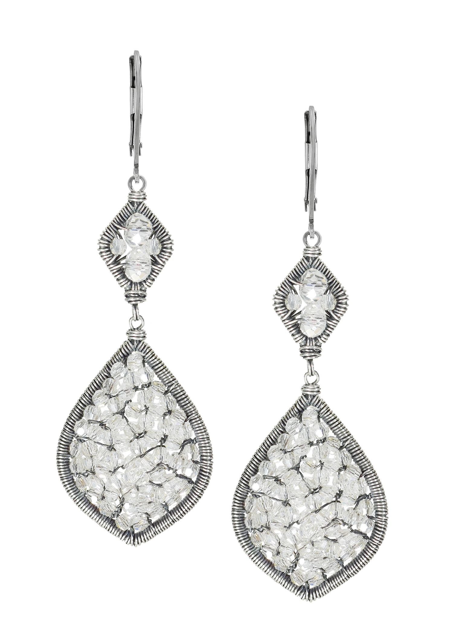 Crystal double drop earrings in sterling silver with hand wire-wrapped frames and clear crystal mosaic detailing.