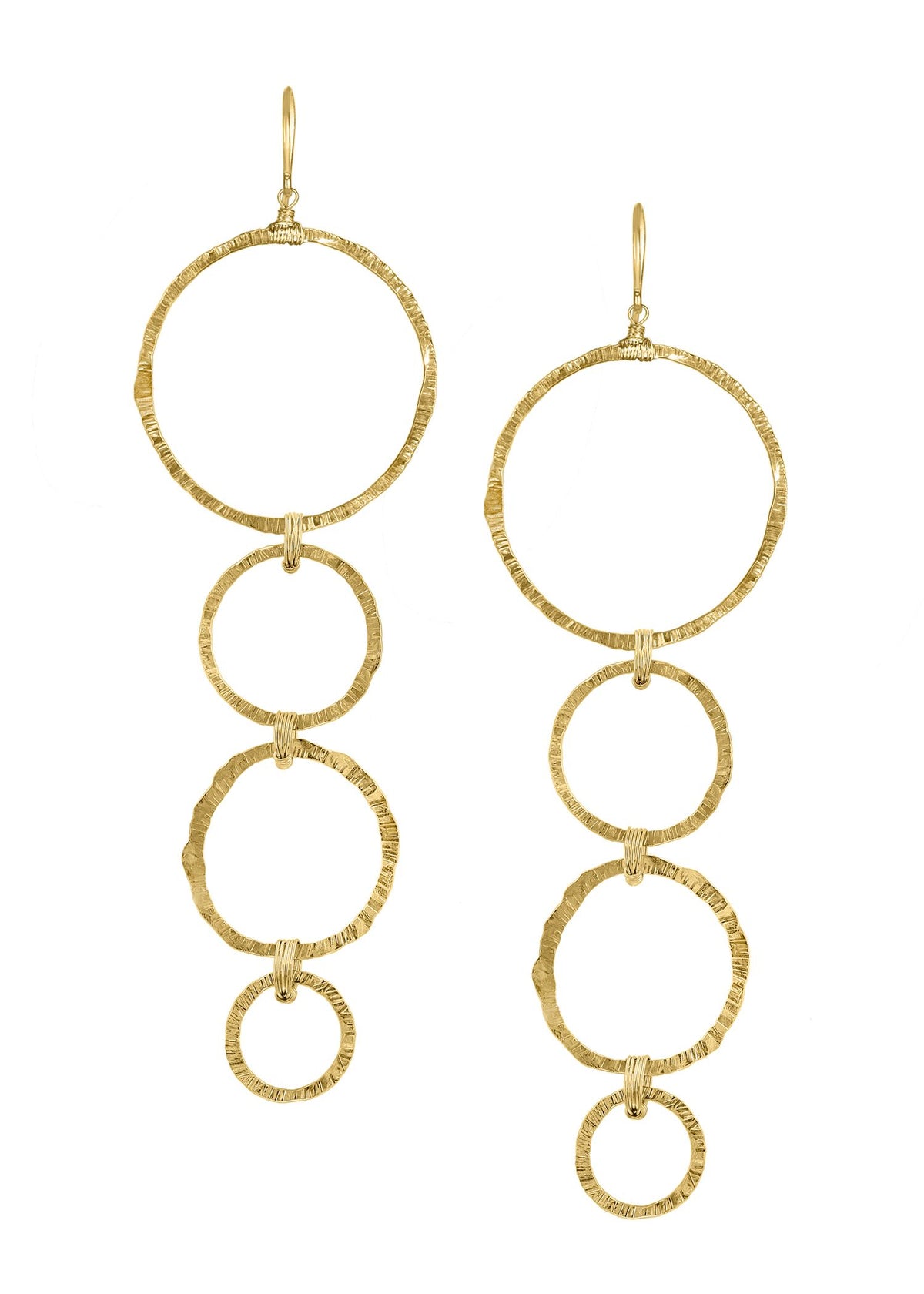 Sunburst earrings in 14k gold fill featuring cascading, textured gold rings with hand wire-wrapped bails.