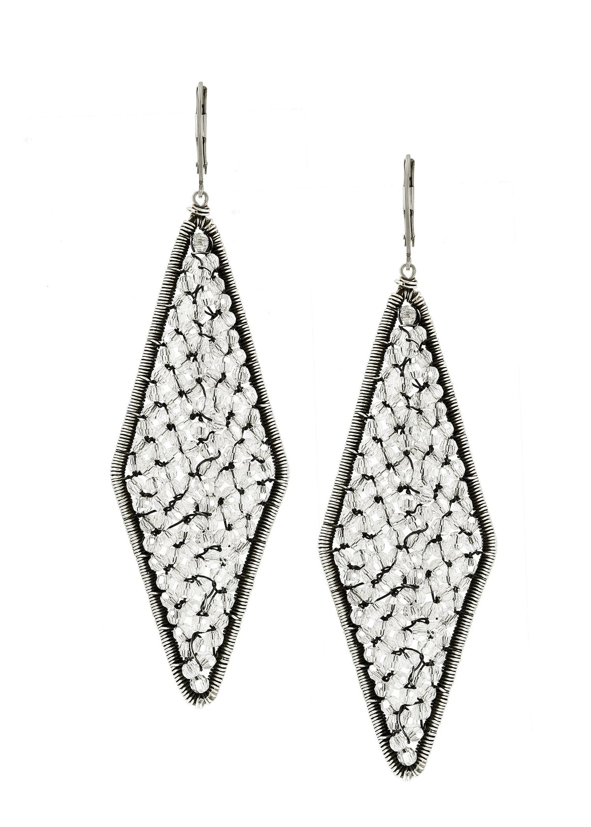 Crystal earrings in sterling silver, featuring a diamond-shaped frame with hand wire-wrapped clear crystals.