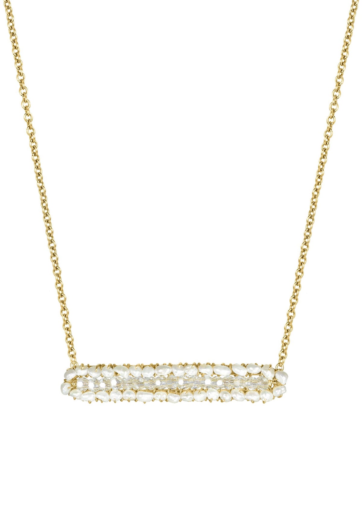 Sweet Pea necklace with freshwater pearl and crystal bar on a 14k gold fill chain.