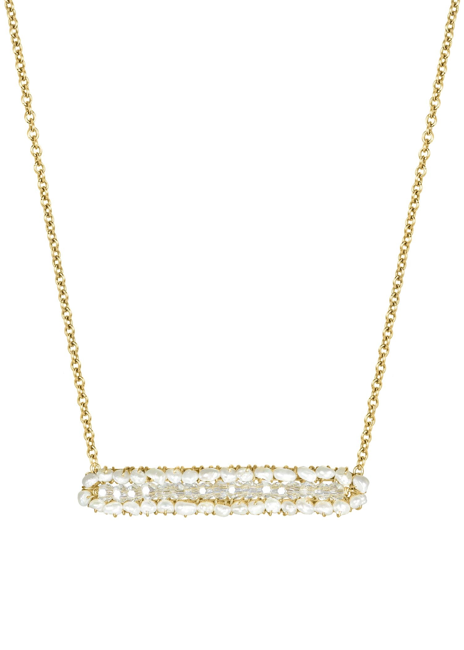 Sweet Pea necklace with freshwater pearl and crystal bar on a 14k gold fill chain.