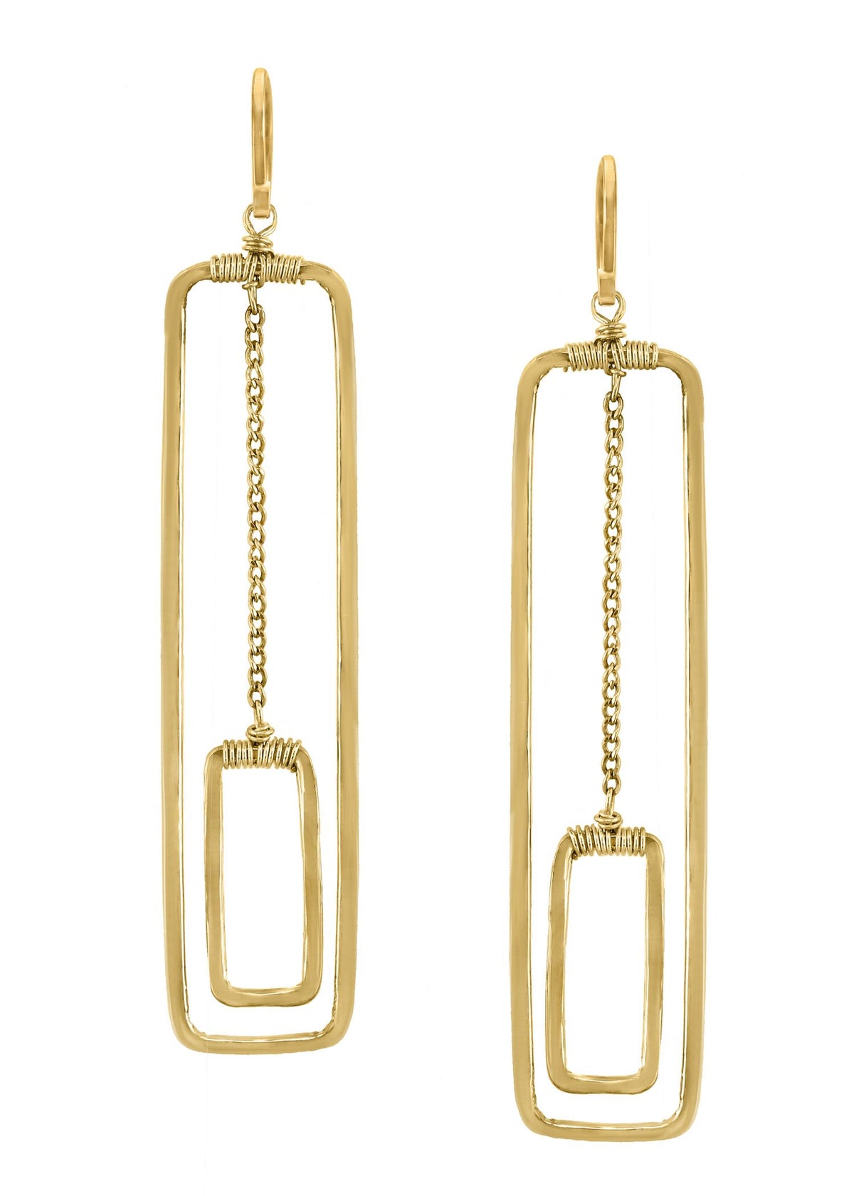 Swing set earrings in 14k gold fill featuring hand wire-wrapped rectangular frames with a suspended center chain.