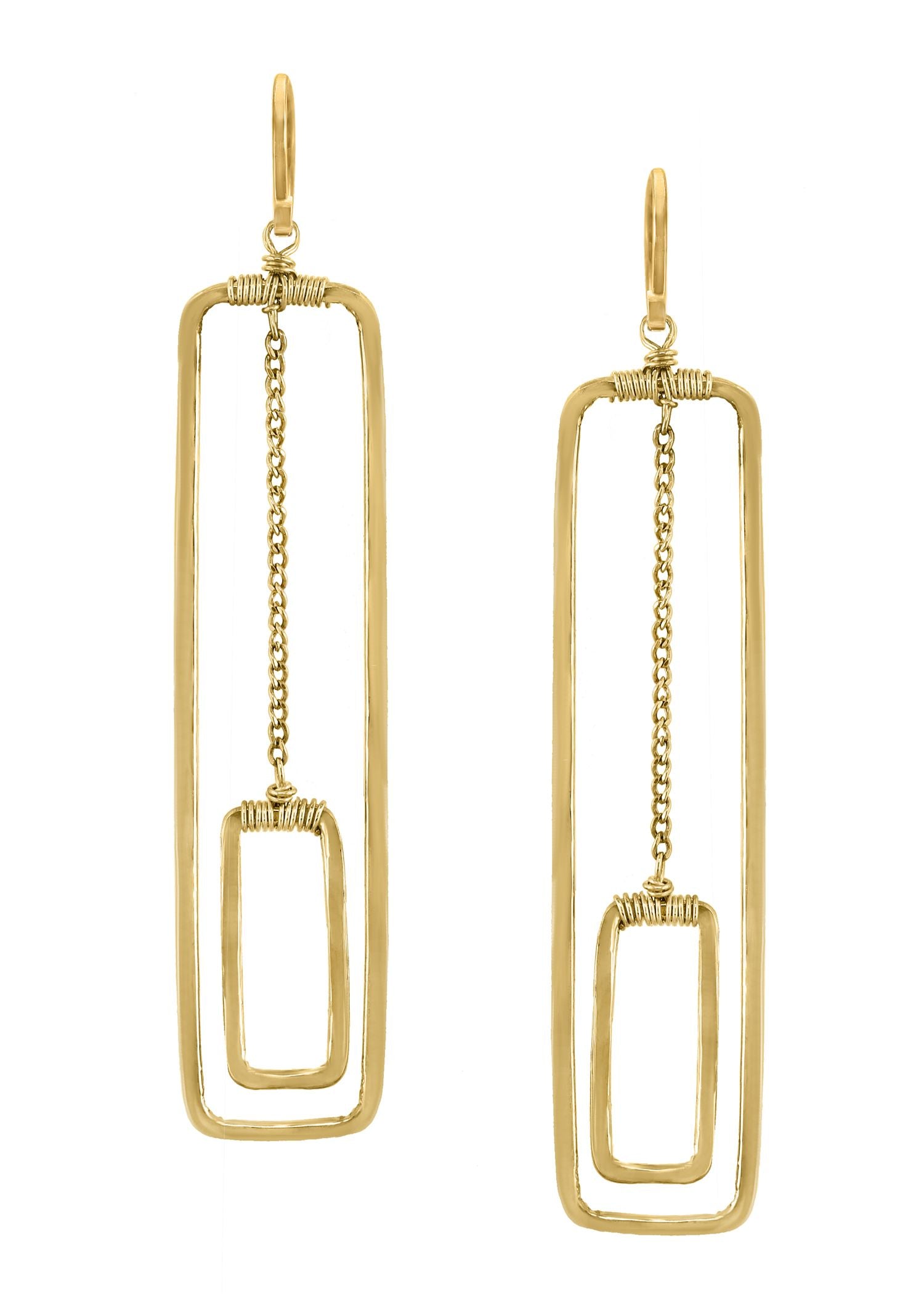 Swing set earrings in 14k gold fill featuring hand wire-wrapped rectangular frames with a suspended center chain.