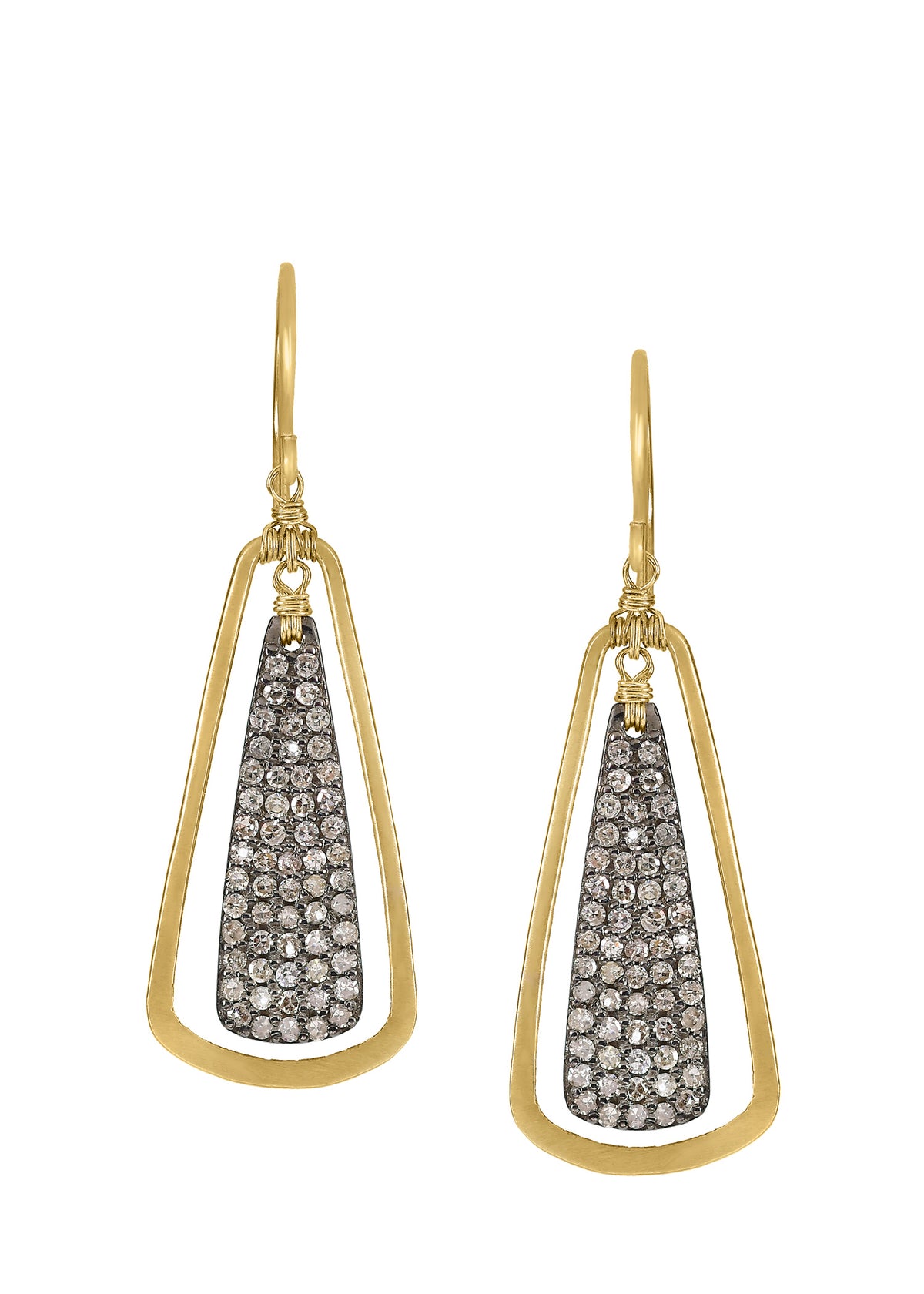 Diamond earrings in 14k gold and sterling silver, featuring hand wire-wrapped trapezoid frames with pavé diamond centers.