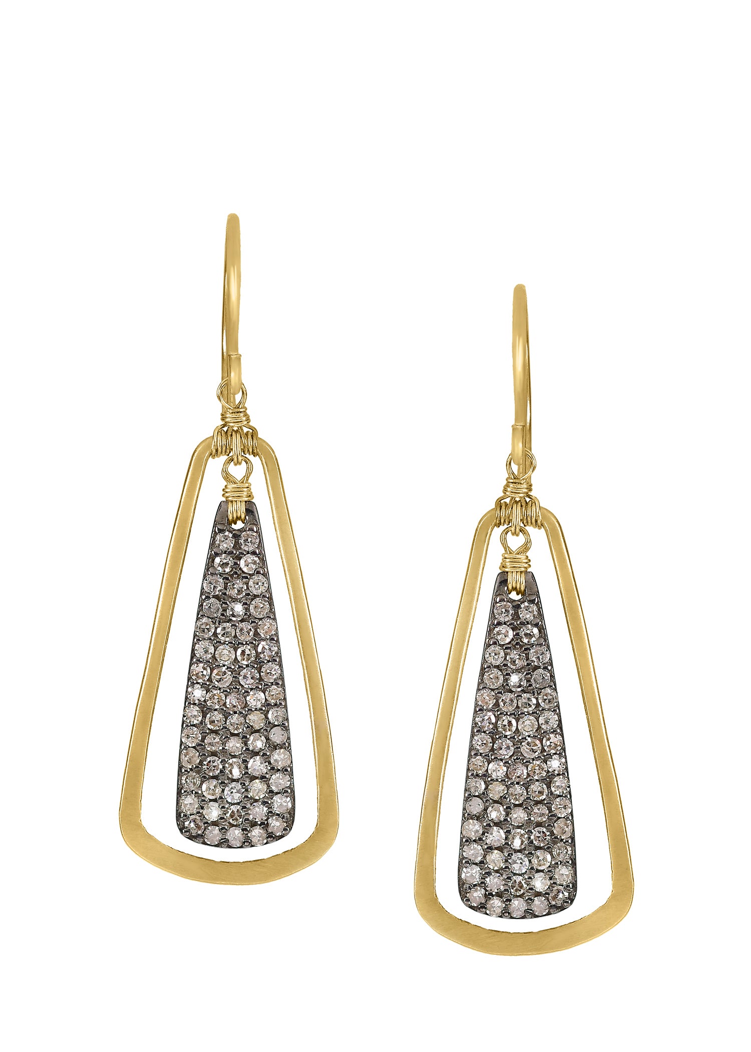 Diamond earrings in 14k gold and sterling silver, featuring hand wire-wrapped trapezoid frames with pavé diamond centers.