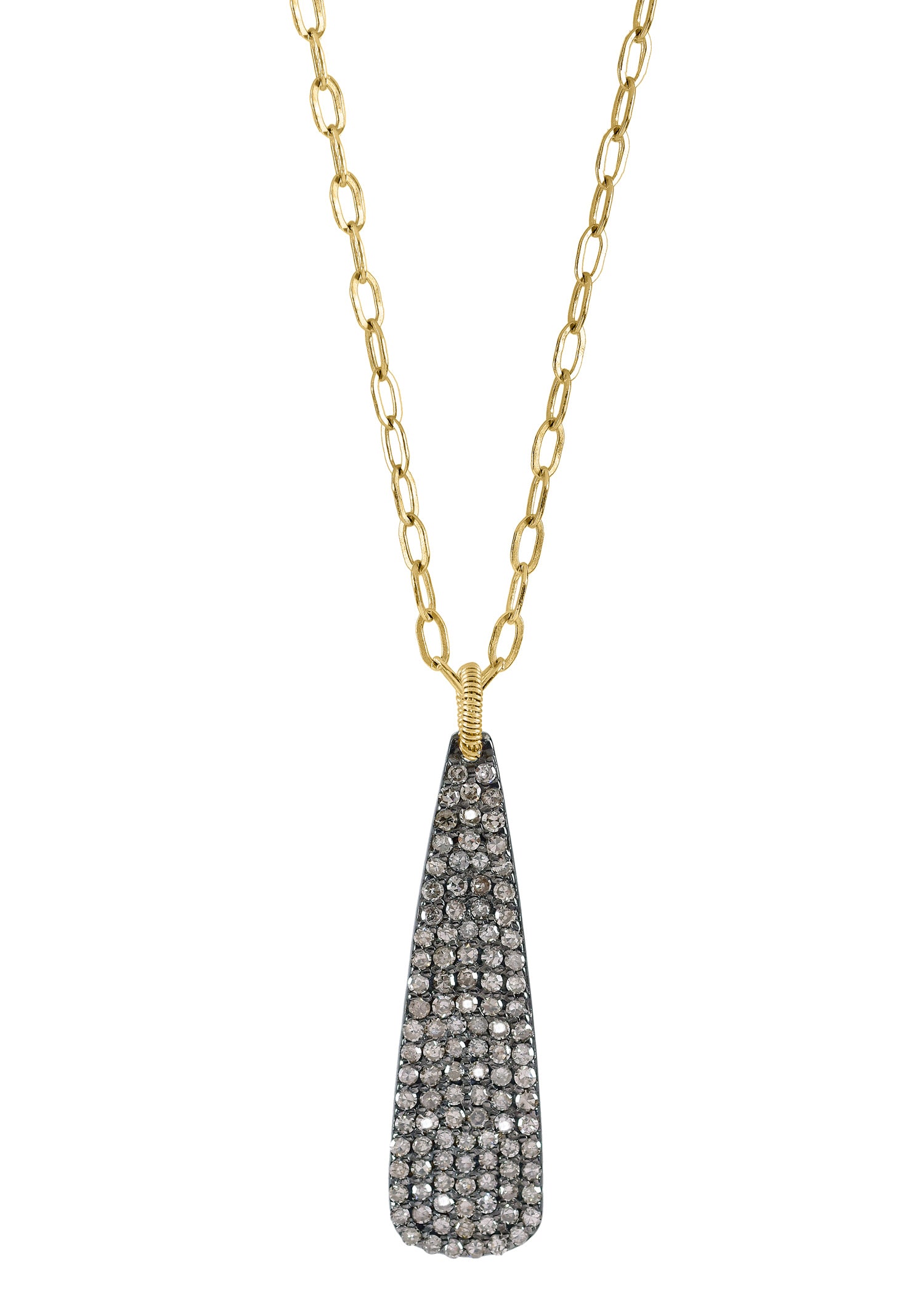 Teardrop necklace with diamond pave, hand wire-wrapped on a 14k gold chain.