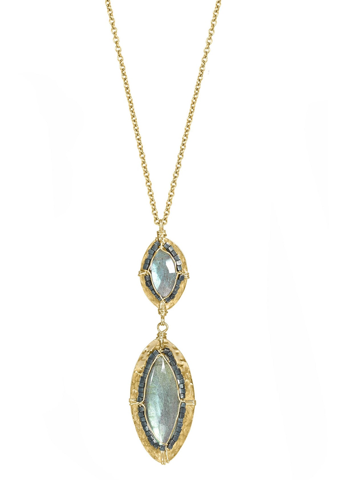 Labradorite necklace with marquis drops in blackened sterling silver and 14k gold fill hand wire-wrapped frames.