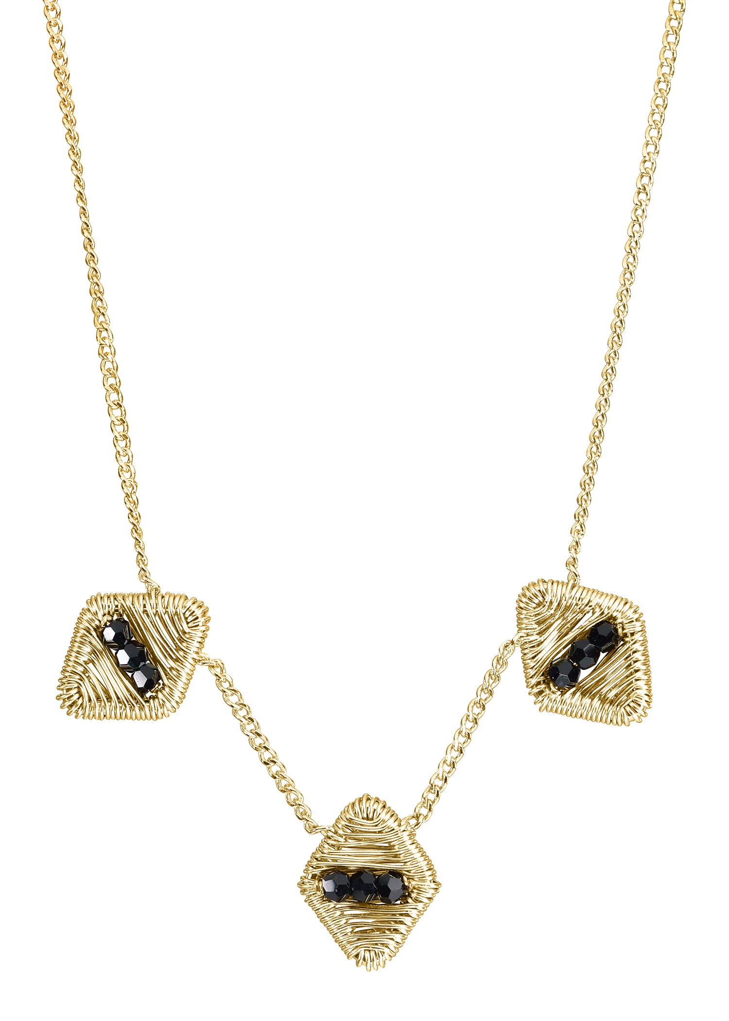 Necklace with black crystal, 14k gold fill, hand wire-wrapped diamond-shaped pendants on a delicate gold chain.