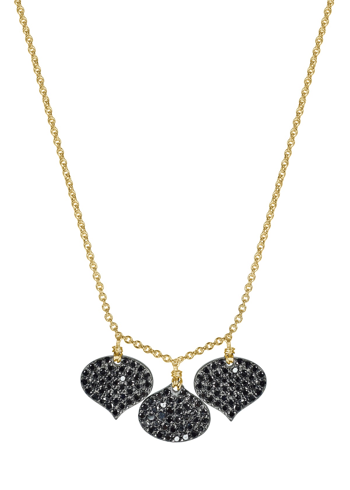 Three black diamond spade pendants on a 14k gold and sterling silver chain, hand wire-wrapped, 16 inches long.