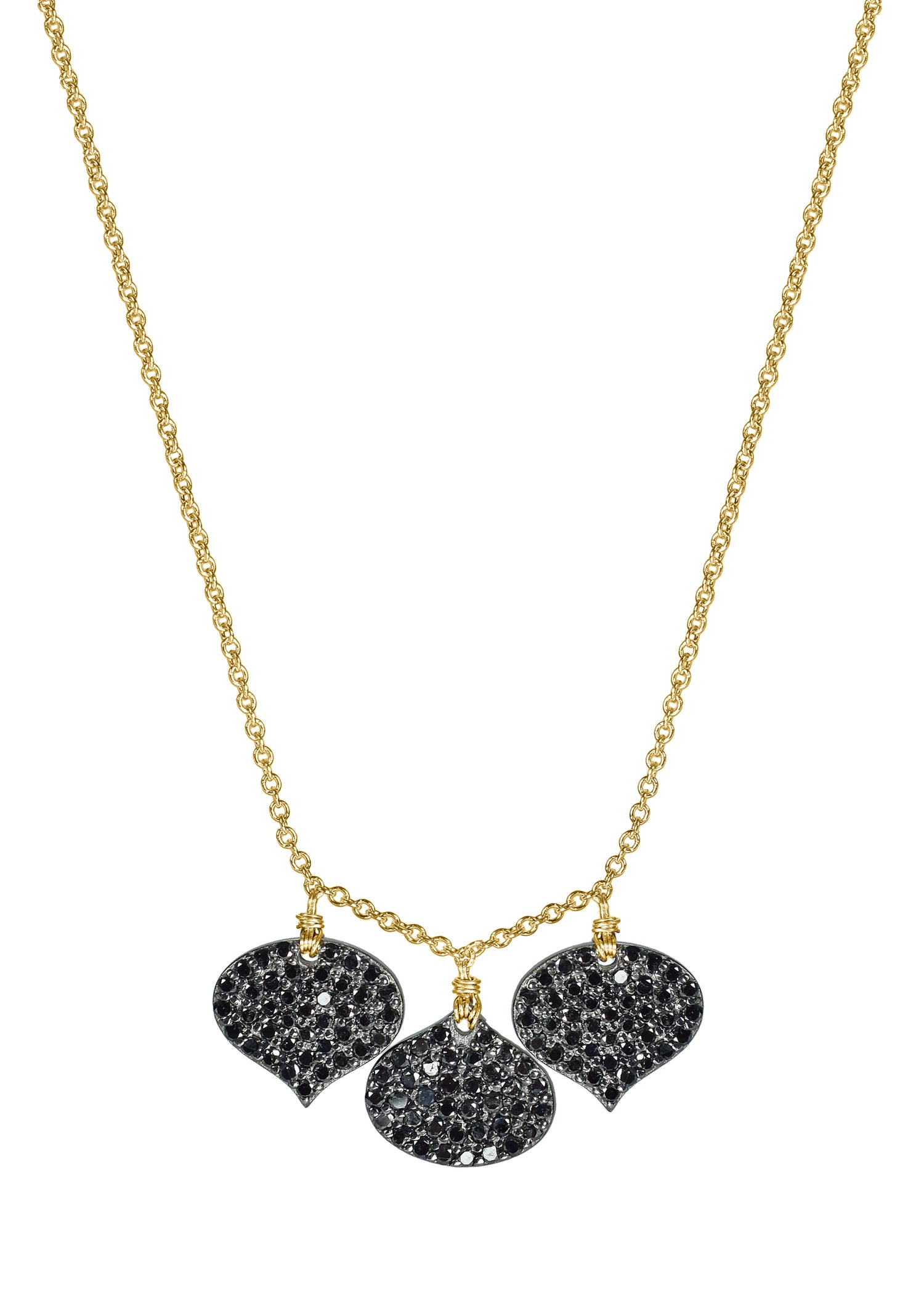 Three black diamond spade pendants on a 14k gold and sterling silver chain, hand wire-wrapped, 16 inches long.