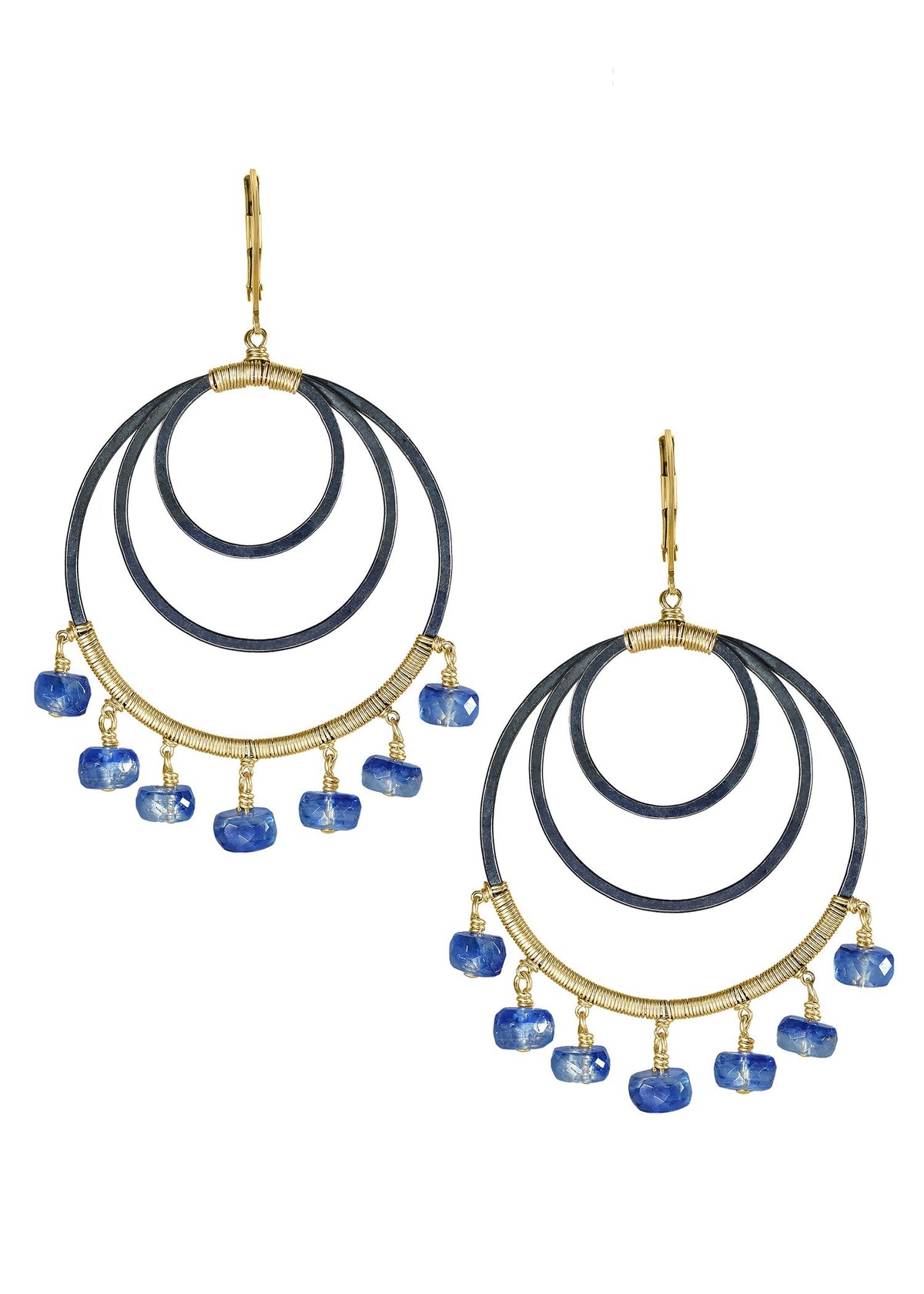 Blue kyanite hoop earrings with hand wire-wrapped 14k gold fill and blackened sterling silver tiered circles.