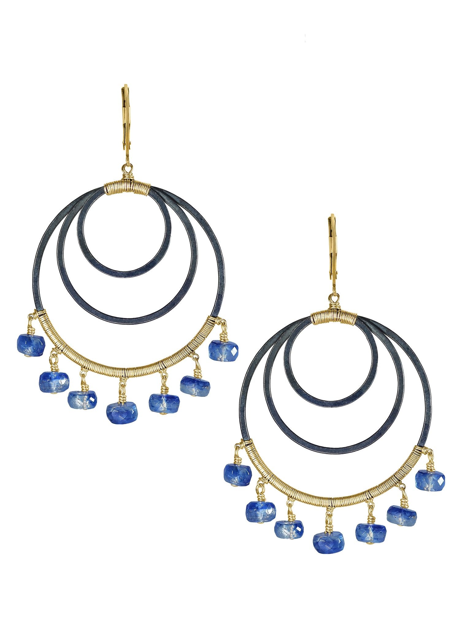 Blue kyanite hoop earrings with hand wire-wrapped 14k gold fill and blackened sterling silver tiered circles.