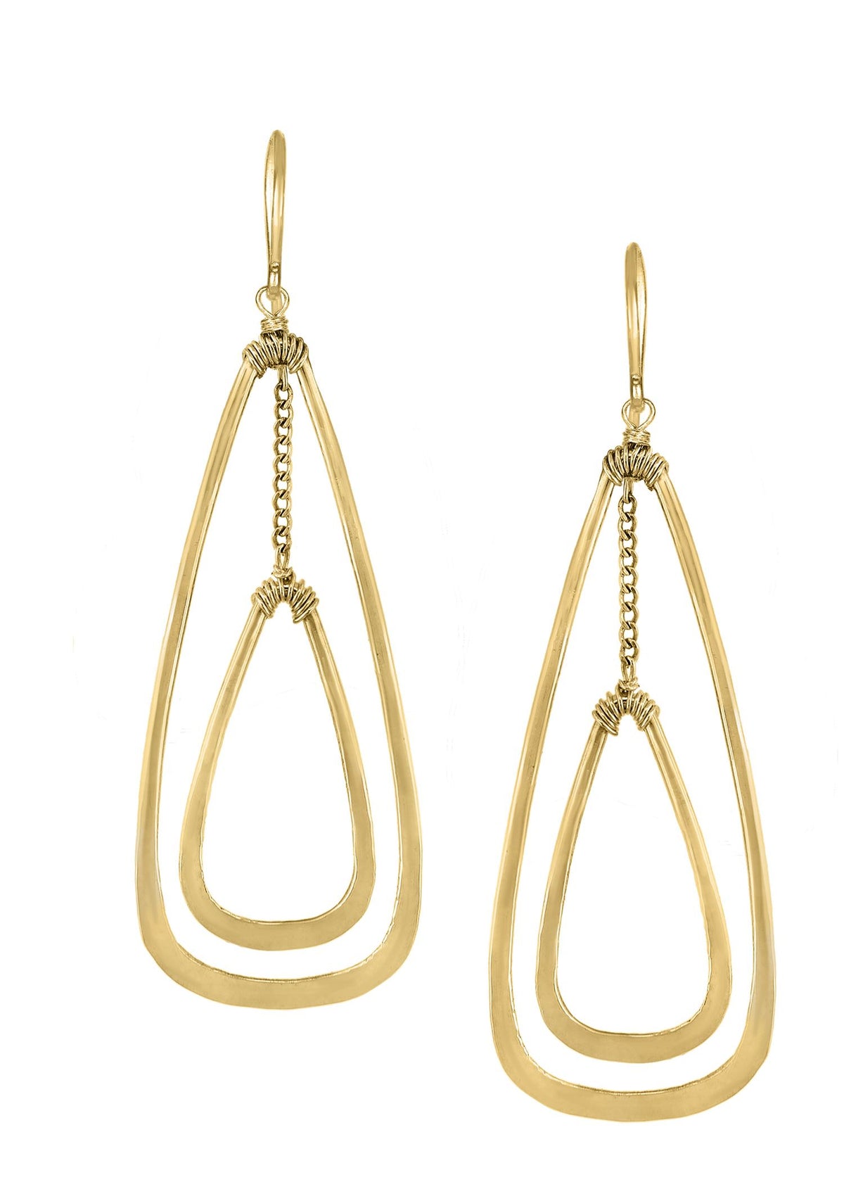 Trapeze earrings in 14k gold fill featuring hand wire-wrapped nesting frames on lever backs.