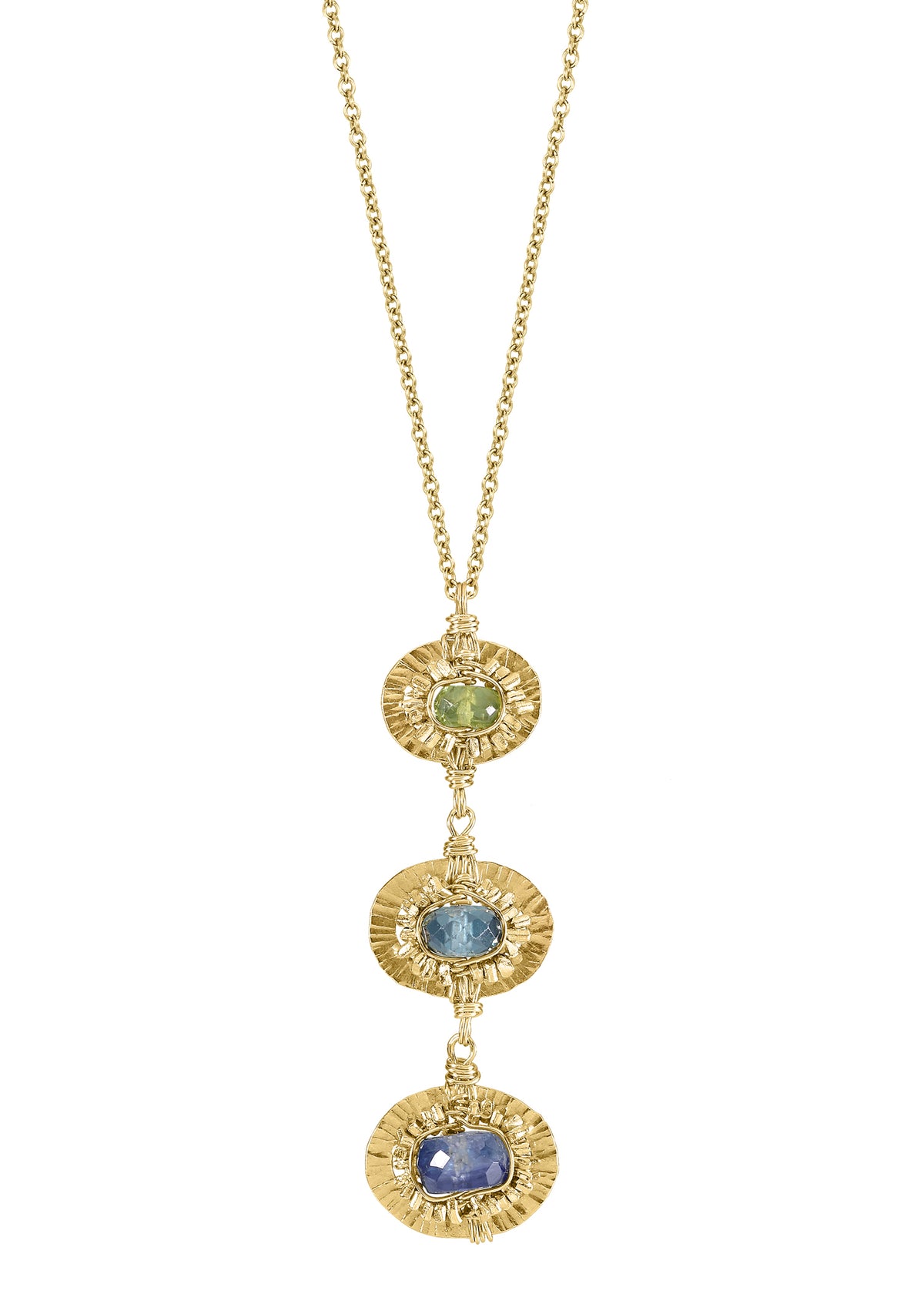 Enoki necklace with green apatite and kyanite, hand wire-wrapped in 14k gold fill with textured, hammered round frames.