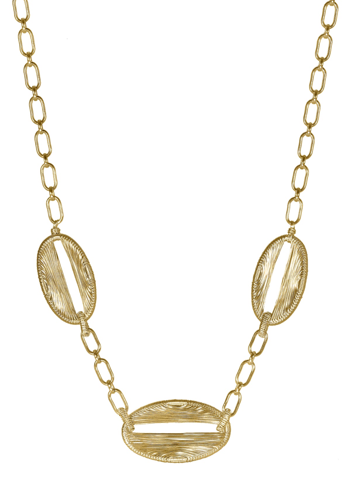 Triple channel necklace in 14k gold fill featuring three oval pendants with hand wire-wrapped woven bails on a chain.