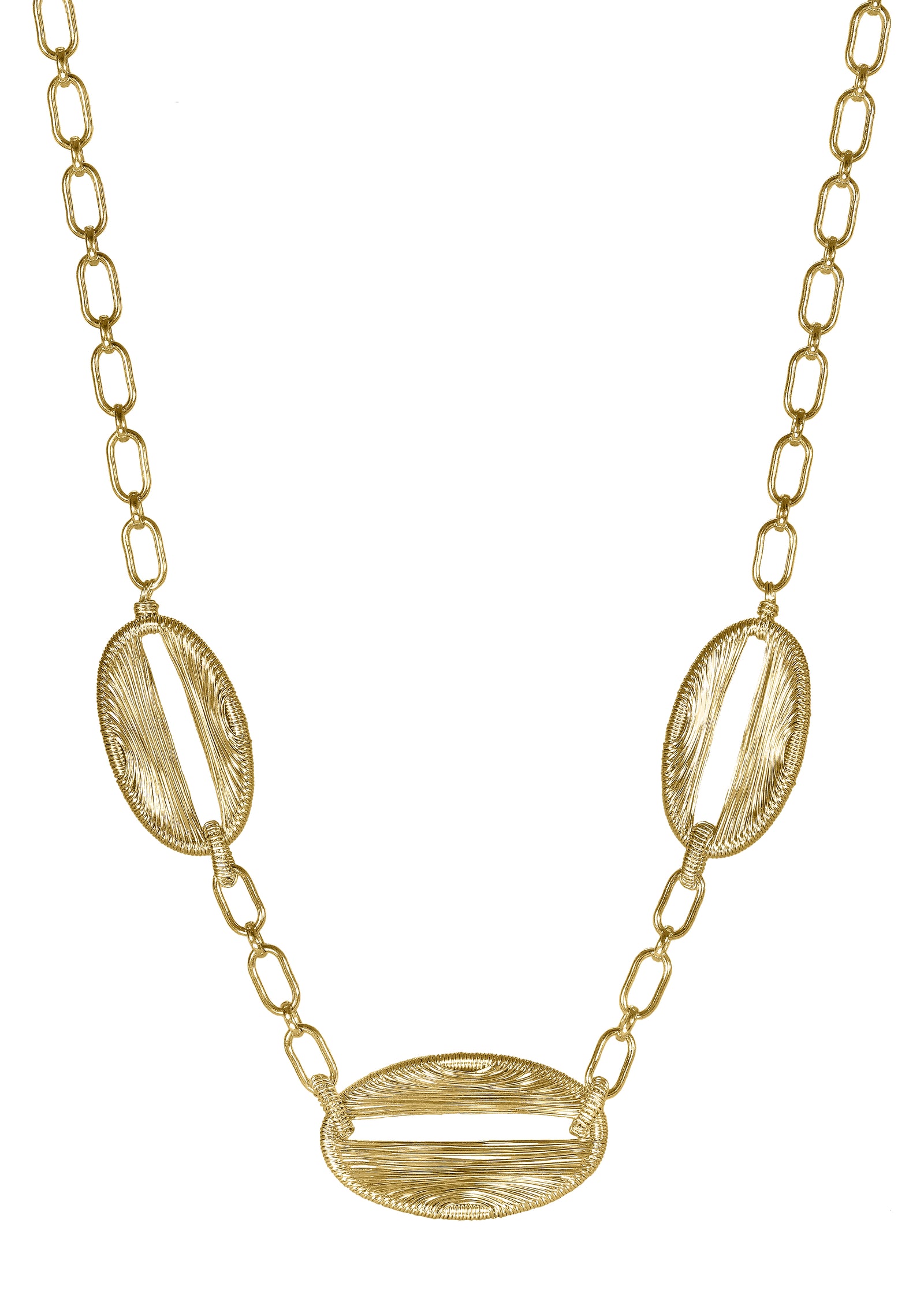 Triple channel necklace in 14k gold fill featuring three oval pendants with hand wire-wrapped woven bails on a chain.