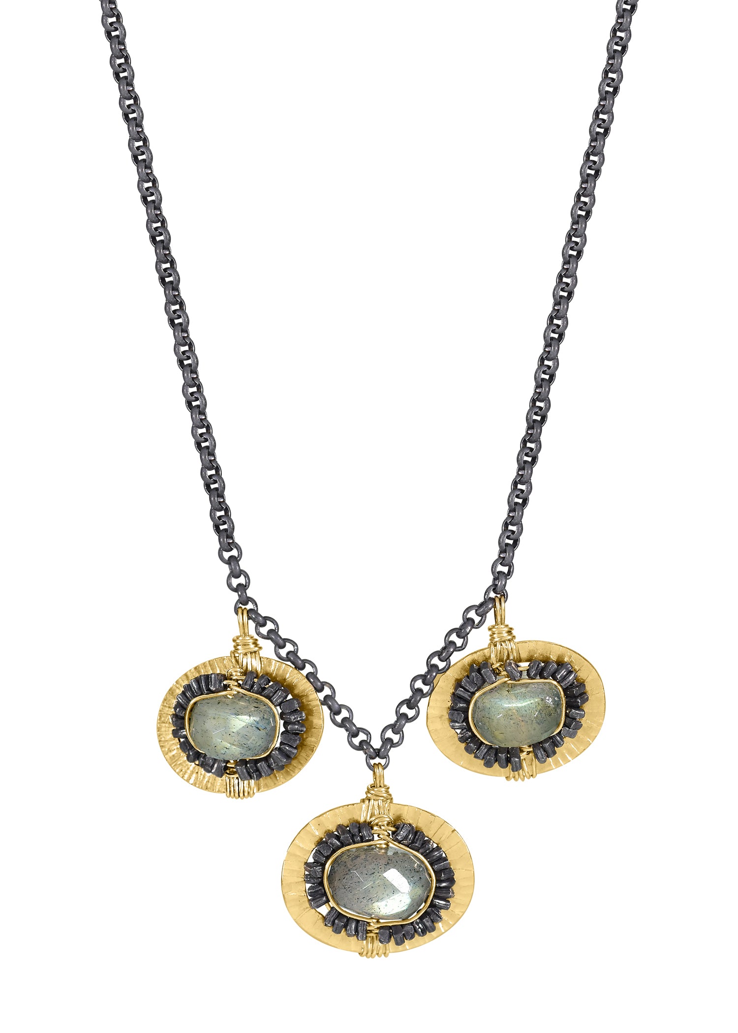Labradorite necklace with hand wire-wrapped 14k gold fill and blackened sterling silver on a blackened silver chain.