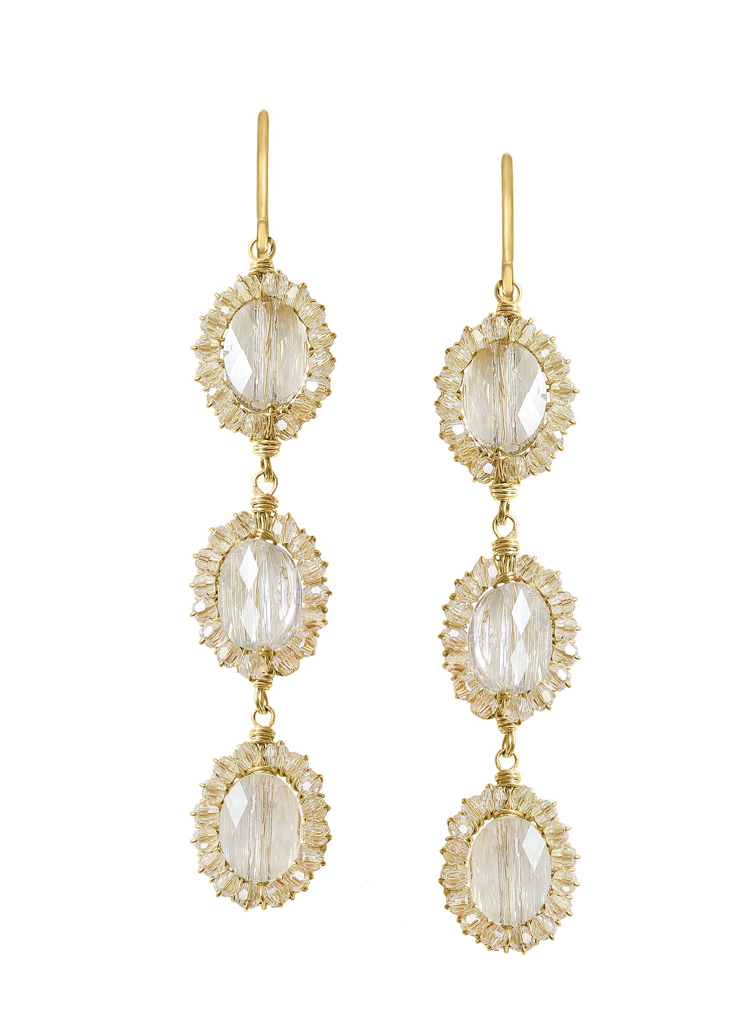 Triple crystal earrings in 14k gold fill with three hand wire-wrapped oval drops, 2-1/4 inches long.