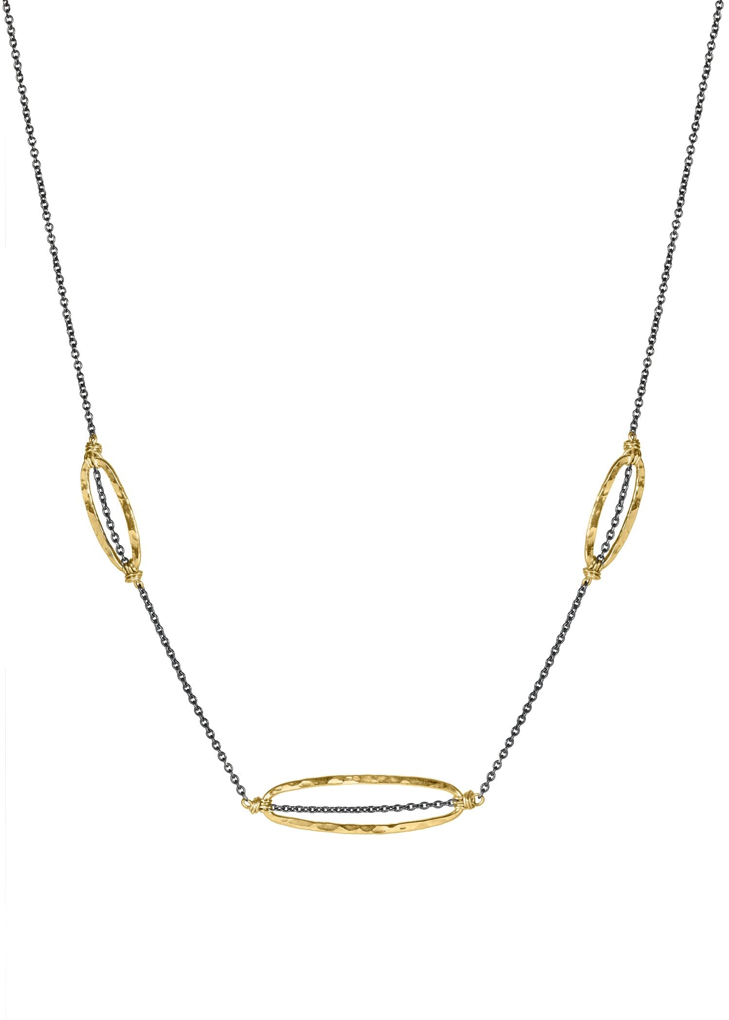 Triple Phi necklace in 14k gold fill and blackened sterling silver with three hand wire-wrapped oval pendants.