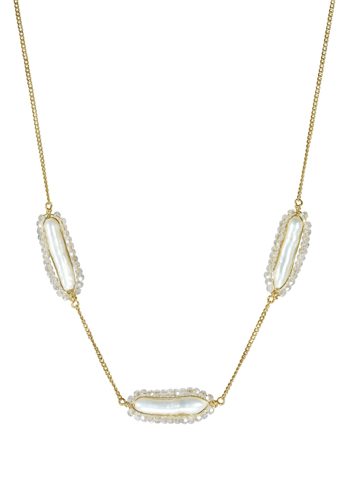 Triple pod necklace with freshwater pearls and crystals, hand wire-wrapped in 14k gold fill on a dainty chain.