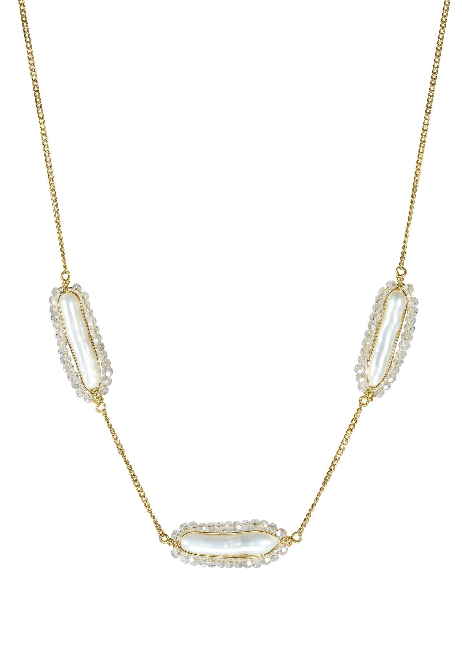 Triple pod necklace with freshwater pearls and crystals, hand wire-wrapped in 14k gold fill on a dainty chain.