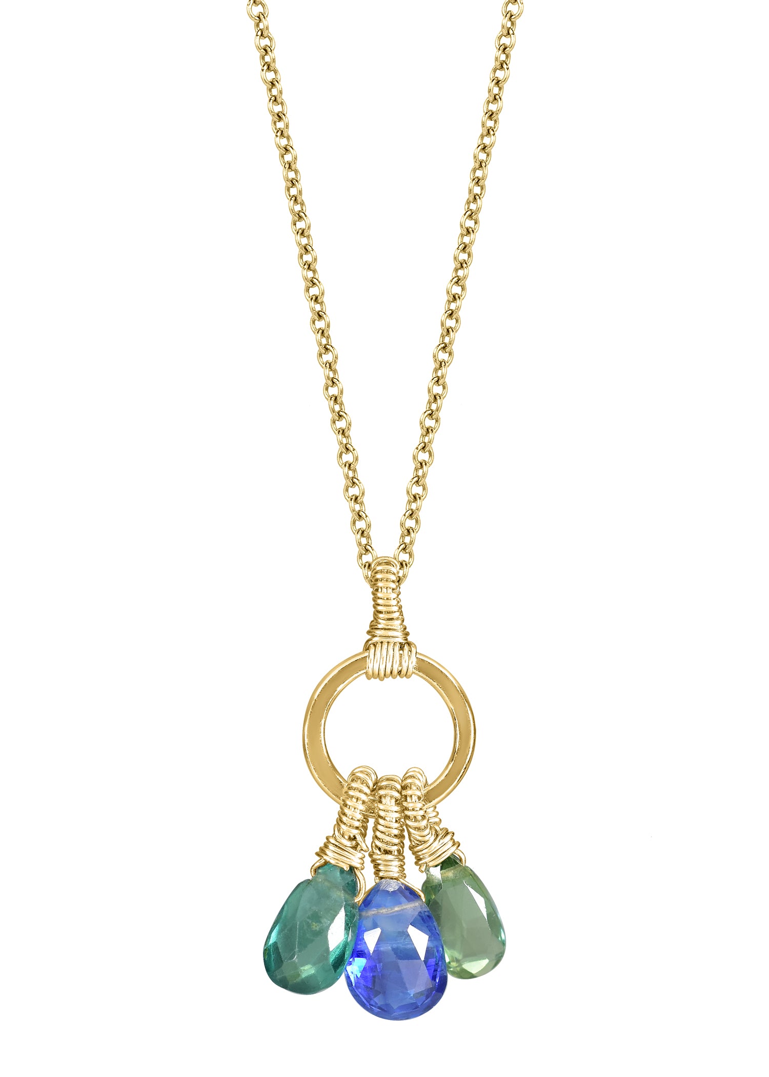 Kyanite and apatite necklace in 14k gold fill with hand wire-wrapped briolette stones on a circular pendant frame.