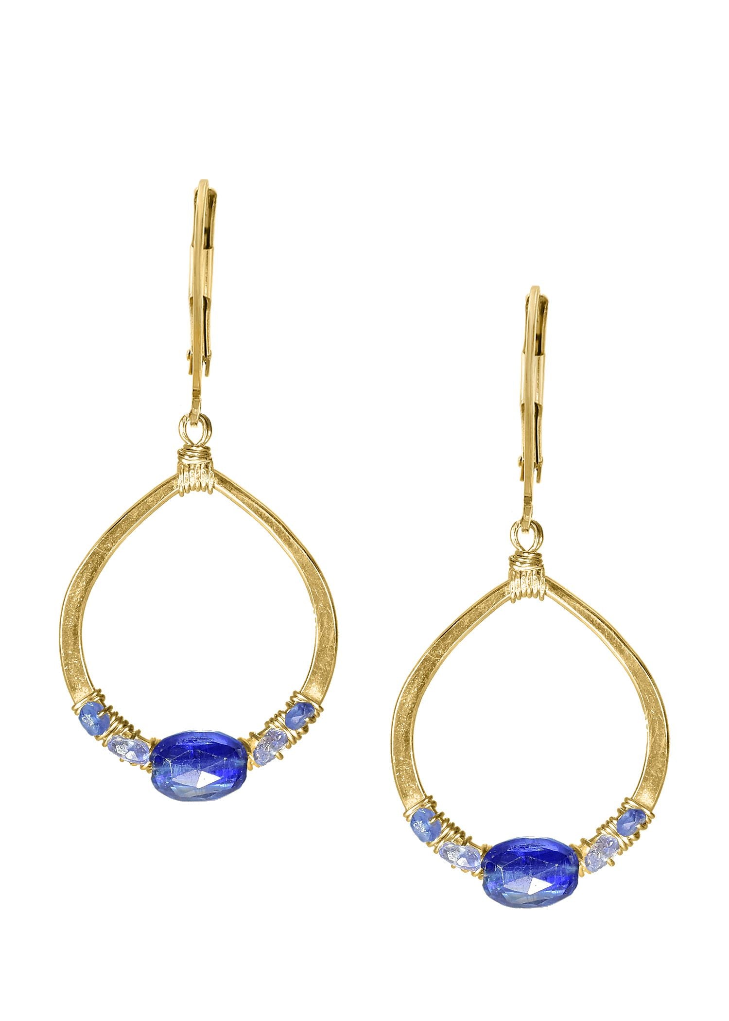 Teardrop earrings with blue sapphire, kyanite, and tanzanite in 14k gold fill with hand wire-wrapped stones.