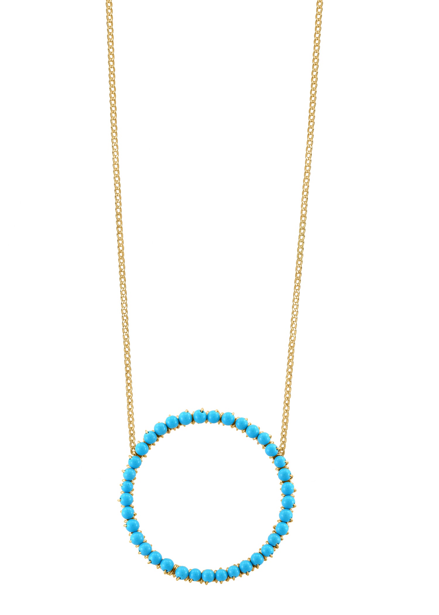 Turquoise eternity necklace with 14k gold fill chain and a 1-inch circular pendant featuring hand wire-wrapped turquoise.