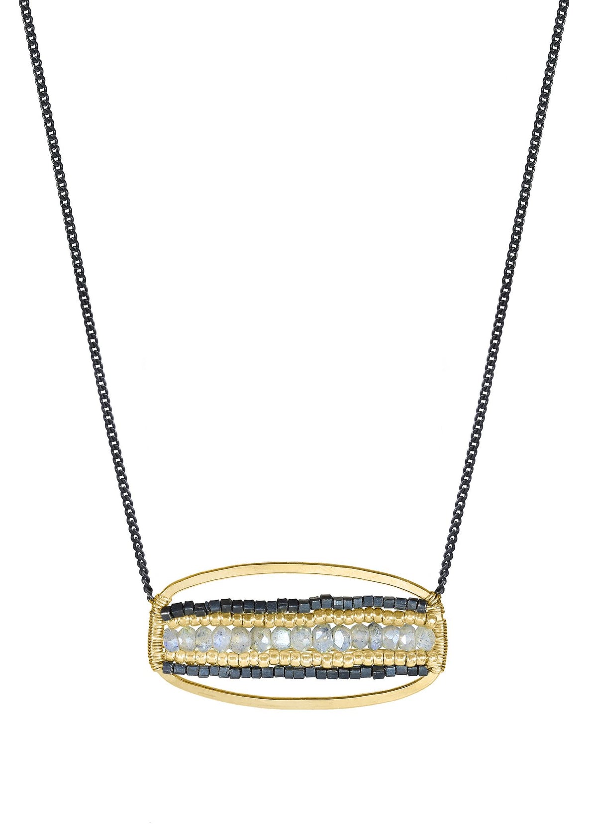 Labradorite necklace with 14k gold fill and blackened sterling silver, featuring a hand wire-wrapped oval striped pendant.