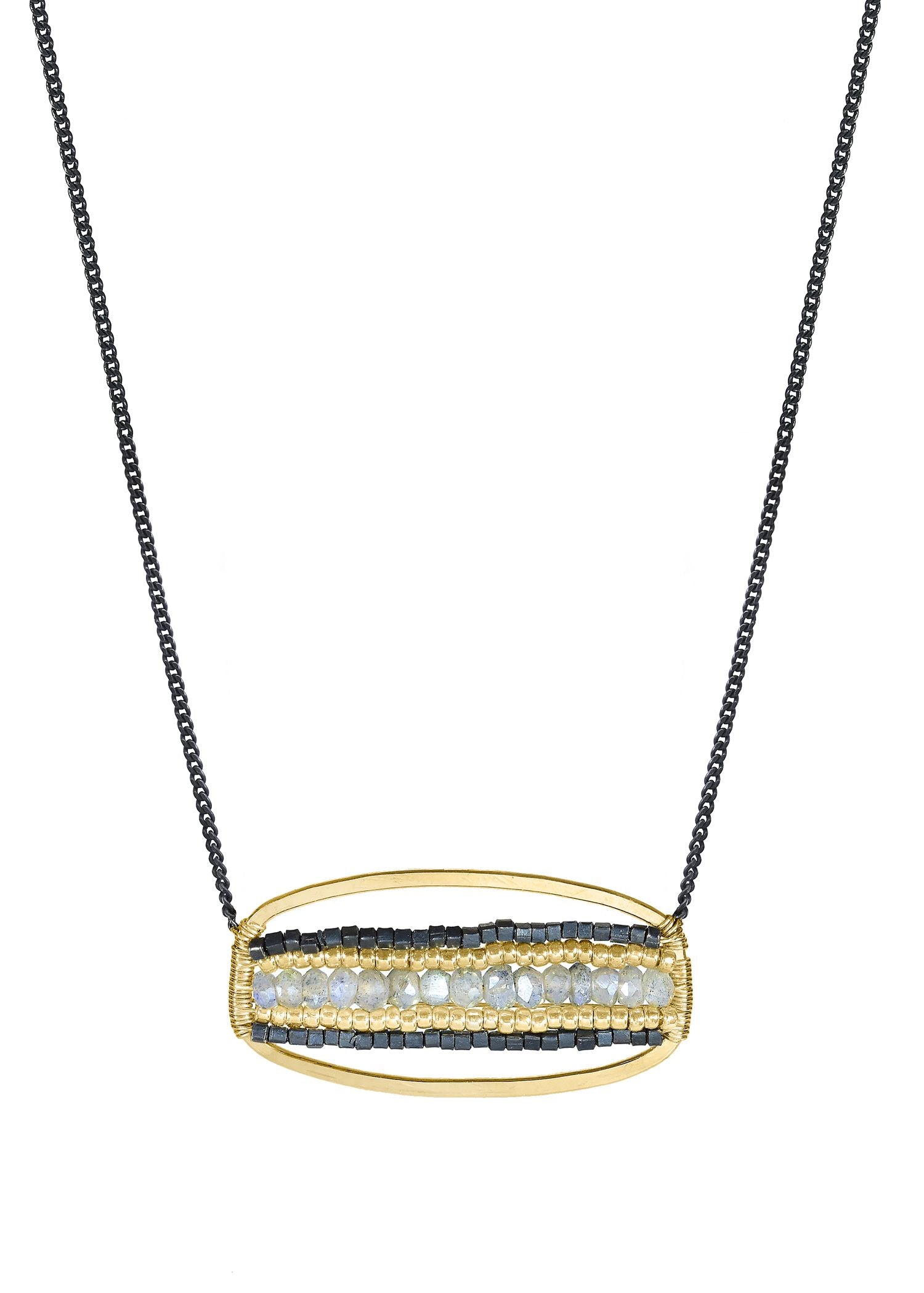 Labradorite necklace with 14k gold fill and blackened sterling silver, featuring a hand wire-wrapped oval striped pendant.